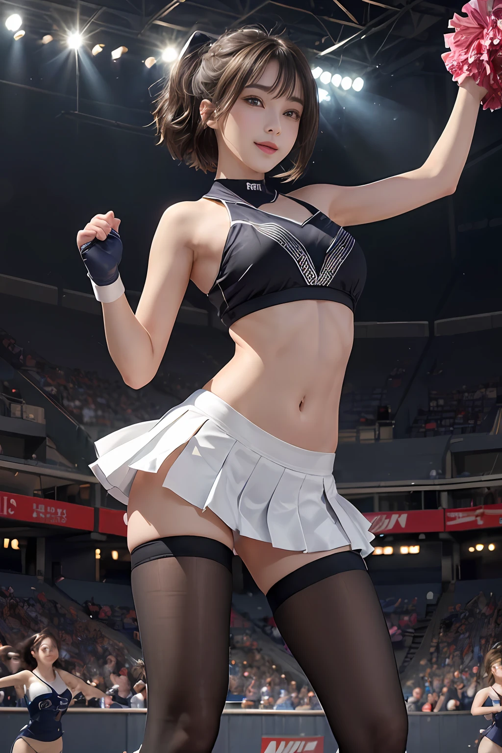 (masuter piece:1.3)、(8K、Photorealsitic、Raw photography、top-quality: 1.4)、(1girl in)、beautiful countenance、(Lifelike face)、(A dark-haired、short-hair:1.3)、Beautiful hairstyle、realisticeyes、Beautiful details、(real looking skin)、Beautiful skins、(((Cheerleading wear in thin fitted fabric)))、absurderes、enticing、超A high resolution、A hyper-realistic、high-detail、the golden ratio、(Beautiful woman with accentuated slim abs:1.3)、(Casual Hairstyles、Colossal tits)、interiors、Soft breasts、((Meek smile))、Exposed cleavage、(Standing in the stadium)、(Watch us in dynamic poses:1.5)、(Looking at the camera)