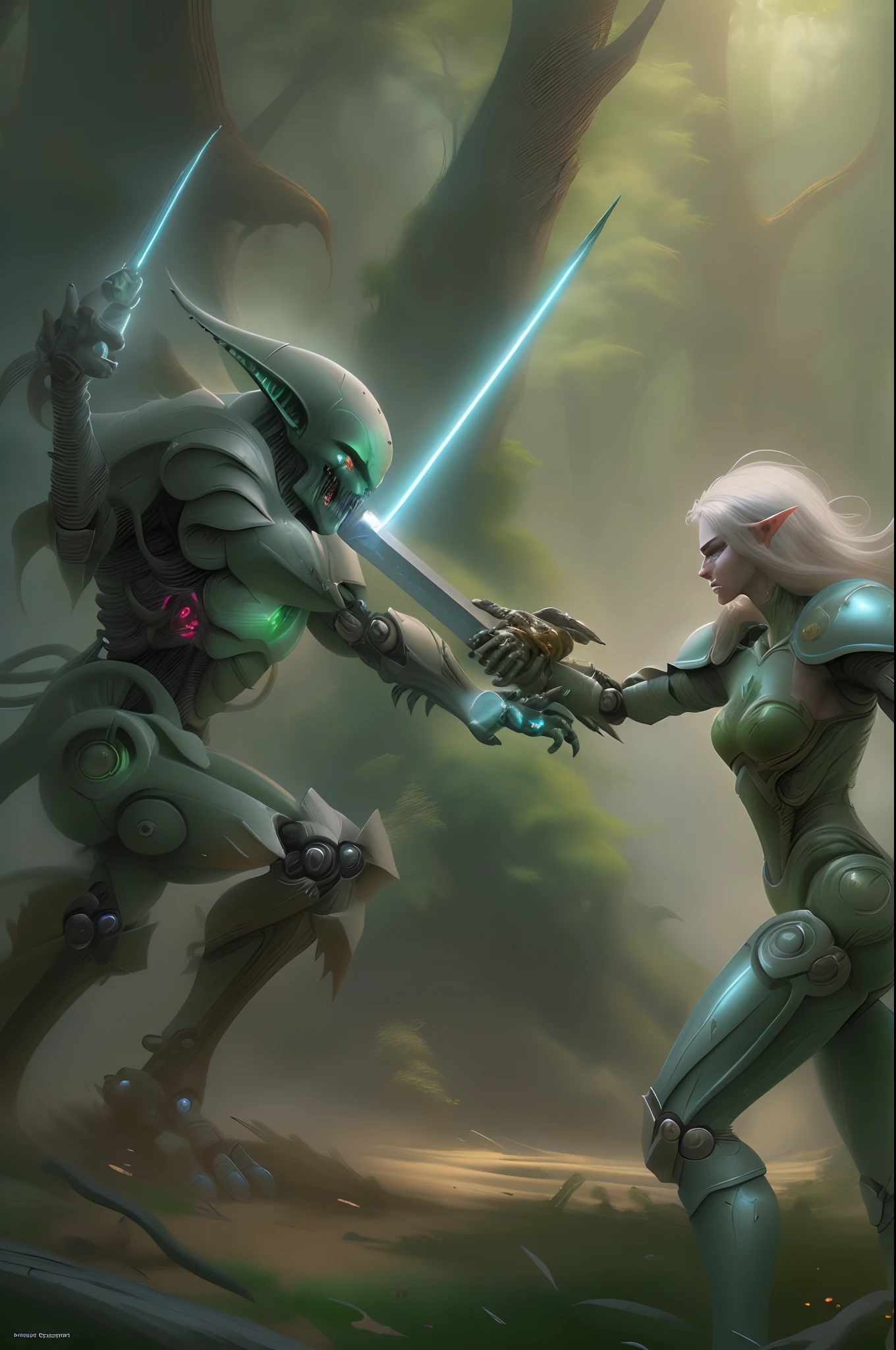 high details, best quality, 8k, [ultra detailed], masterpiece, best quality, (extremely detailed), full body, ultra wide shot, photorealistic, fantasy art, rpg art, sci fi art, realistic art, a wide angle, (((anatomically correct))), fantasy art, sci fi art, a green skined alien fighting an elf knight, science fiction against fantasy, a battle between alen and an elf, alien fighting a fantasy elf (((1)) alien with green skin, wearing mech armor reelmech , armed with laser gun, fighting (((1))) female elf knight, wearing elven armor, armed with a sword, fantasy agains sci fi, fantasy forest background, dynamic light