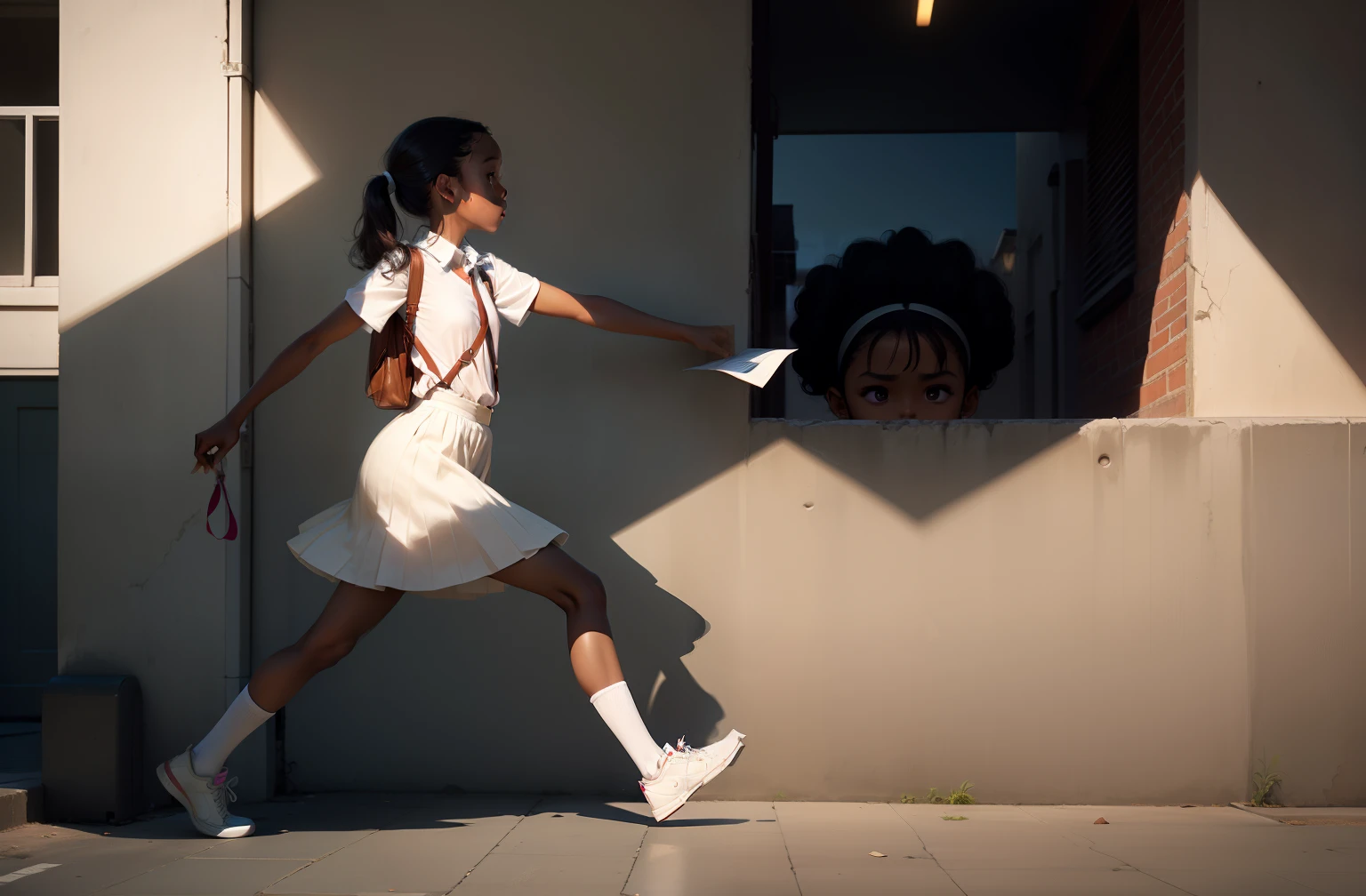 profile of a small black girl about 7-years-old very dark skin, wearing a neat and frilly white cotton skirt, matching blouse, white shoes, and socks, carrying her books wrapped with a ribbon, her hair is pulled back into a neat pony tail, she has a very positive air and confidant demeanor, she walks alone to school down a city sidewalk next to a light beige plaster walled building on a sunny day, side shot, medium shot, 64k resolution professional artist highly detailed in the style of Norman Rockwell, and Leonardo Da Vinci