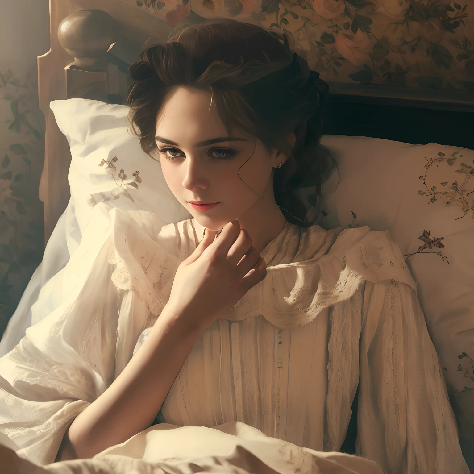 There is a woman lying in bed with a pillow and a pillowcase, Uma bela mulher vitoriana, inspirado em Vasily Perov, inspirado em Jaroslava Korol, inspirado em Albert Edelfelt, Vitoriano, inspirado em Ilya Repin, Senhora Vitoriana, Emma Watson na cama, inspirado em Henryk Siemiradzki