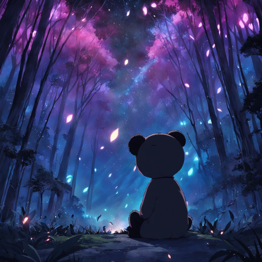 tmasterpiece,melhor qualidade,cinematic Film still from,1 panda,Close-up,Noite,Panda olhando para as estrelas na floresta,Vire as costas para as estrelas,Starry sky,Spark of Light