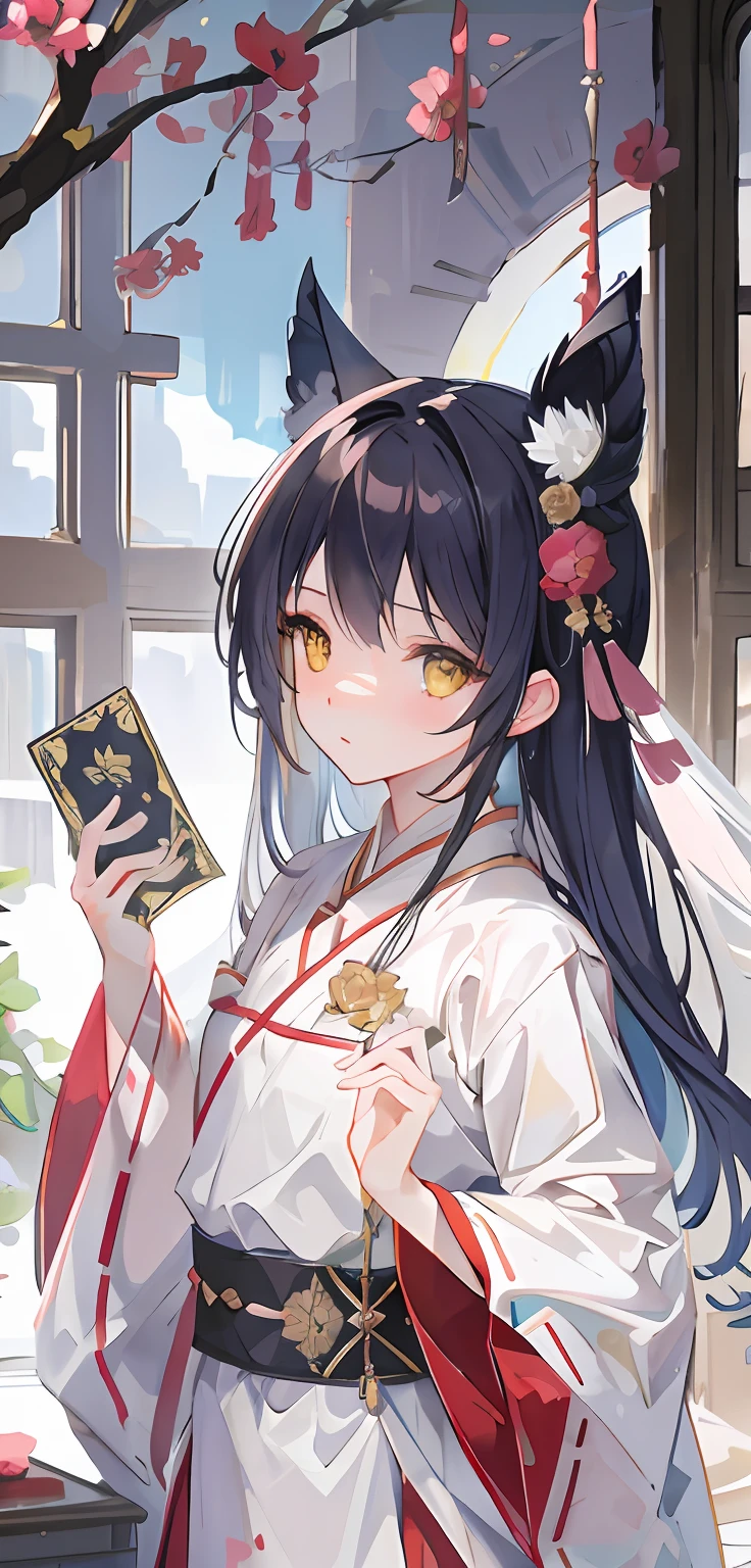 an extremely delicate and beautiful CG illustration, best quality, high resolution, dynamic angle, full-length shot, (1girl), yellow eyes and straight long white hair, floating, soft light, high-key lighting)