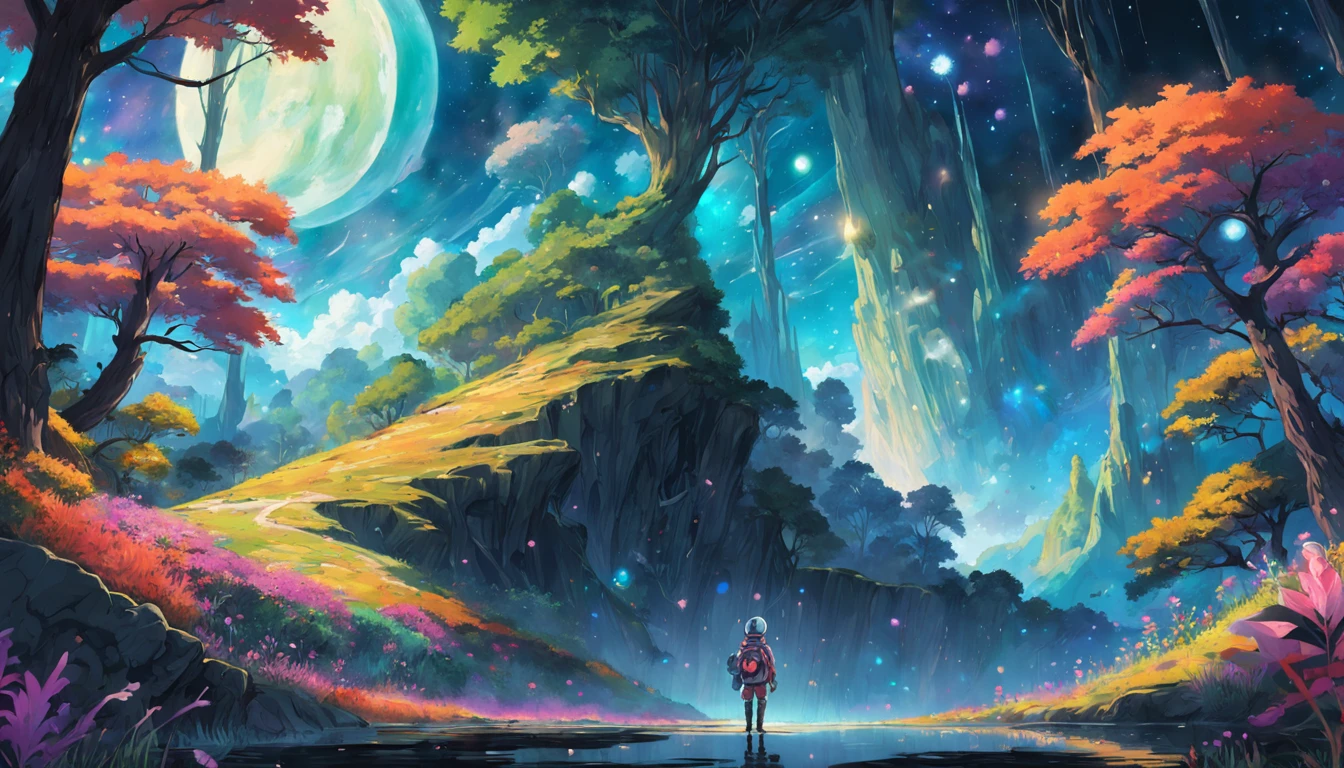 A lone astronaut explores a distant planet covered in a mesmerizing tapestry of colorful flowers and lush forests. As the stars twinkle above, the landscape is bathed in an otherworldly glow that defies imagination