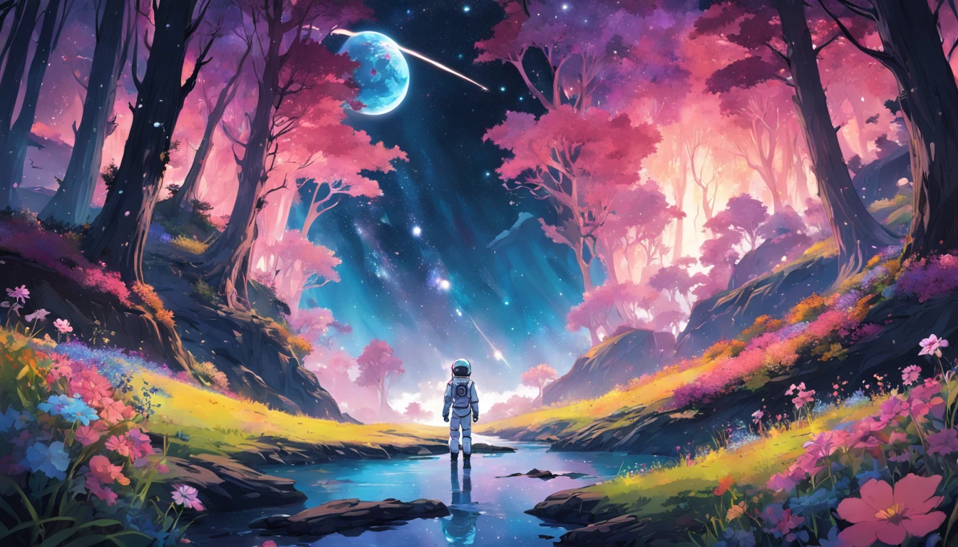 A lone astronaut explores a distant planet covered in a mesmerizing tapestry of colorful flowers and lush forests. As the stars twinkle above, the landscape is bathed in an otherworldly glow that defies imagination