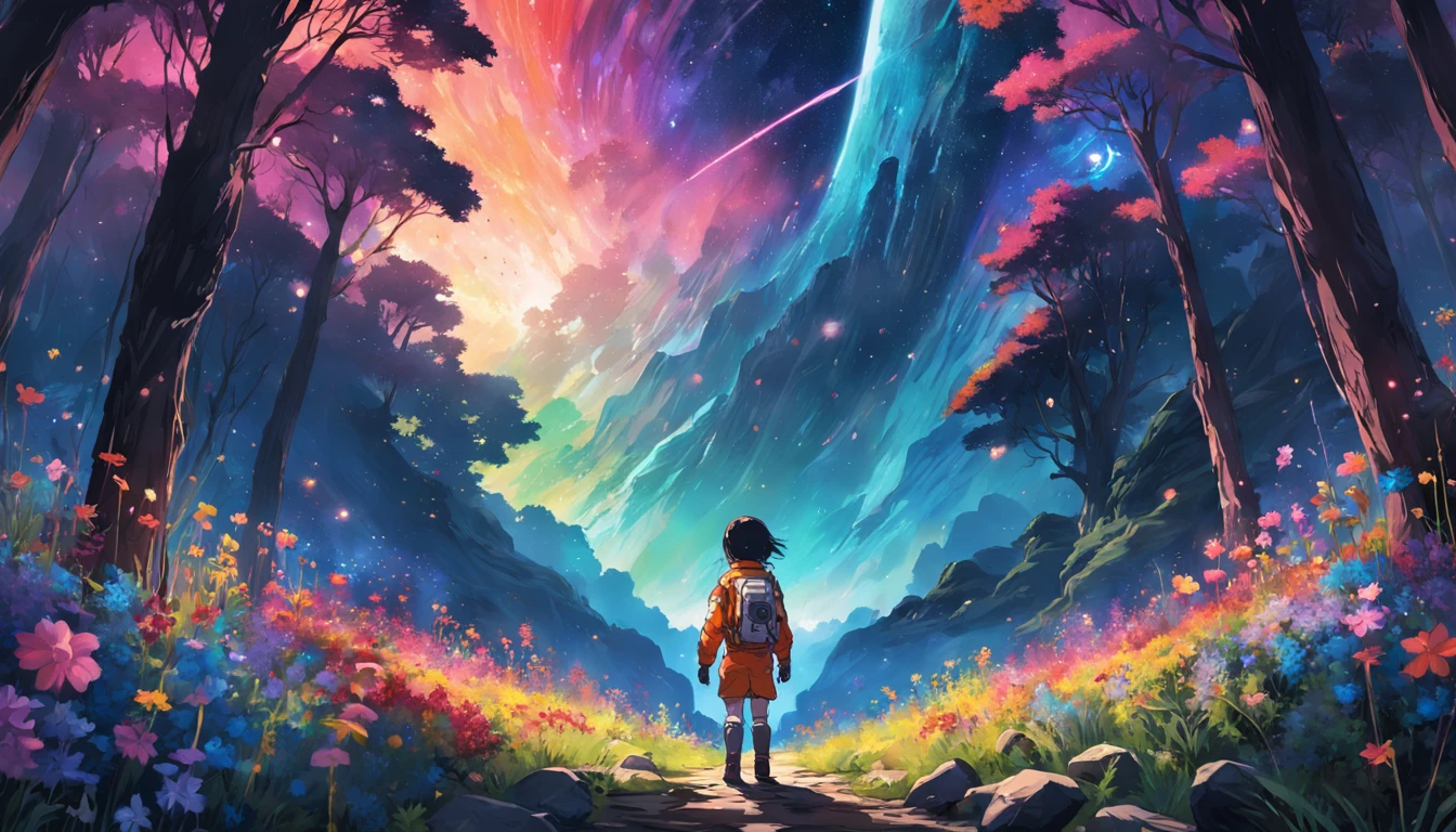 A lone astronaut explores a distant planet covered in a mesmerizing tapestry of colorful flowers and lush forests. As the stars twinkle above, the landscape is bathed in an otherworldly glow that defies imagination