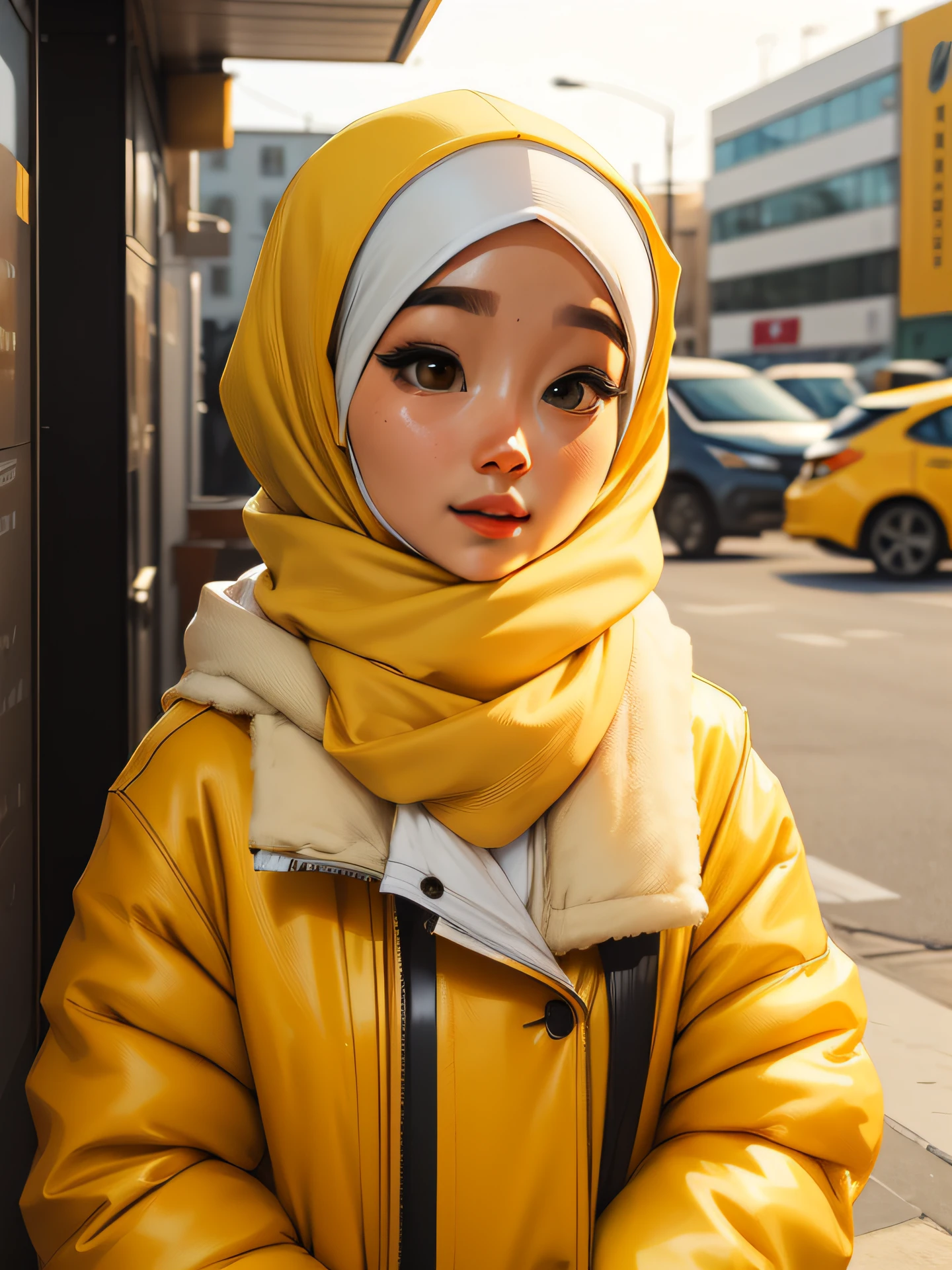 there is a woman wearing a yellow jacket and a white head scarf, ruan cute vtuber, white hijab, hijab, sakimichan, dilraba dilmurat, ulzzang, 8k selfie photograph, sakimi chan, with kind face, wearing wheat yellow gauze, headshot profile picture, with accurate face, siya oum, lovely woman