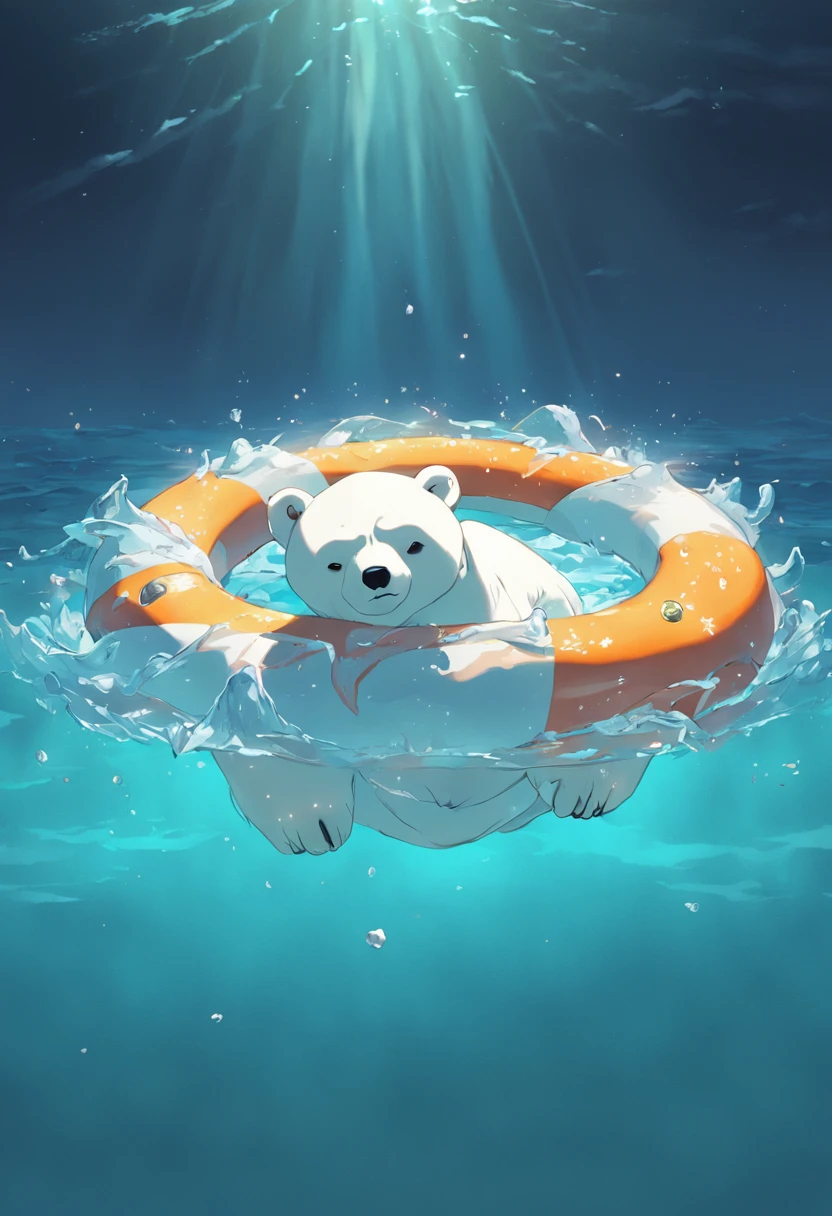 polar bear, ocean, swimming ring, toy, ice, 3d rendering, high quality, masterpiece