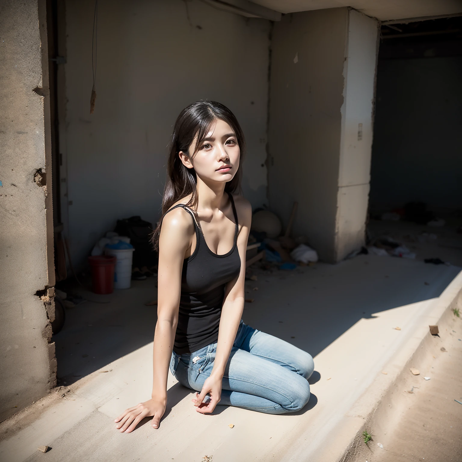 (4K), (best quality), (Best details), (ultra realistic), Yor Forger, beggar, gray torn shirt, beautiful, barefoot, crying, sadness, begging for money, no makeup, dirty body, ashamed, no powers, standing with her hand outstretched, looking at viewer.