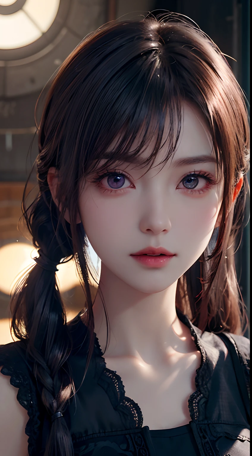 long eyelasher, solid circle eyes,  pony tails, Hair is shiny and dark, Colored Contact Lenses, surrealism, shadowing, anaglyph, stereograms,  angle of view, Atmospheric perspective, 8K, Super detail, ccurate, Best quality，1girll