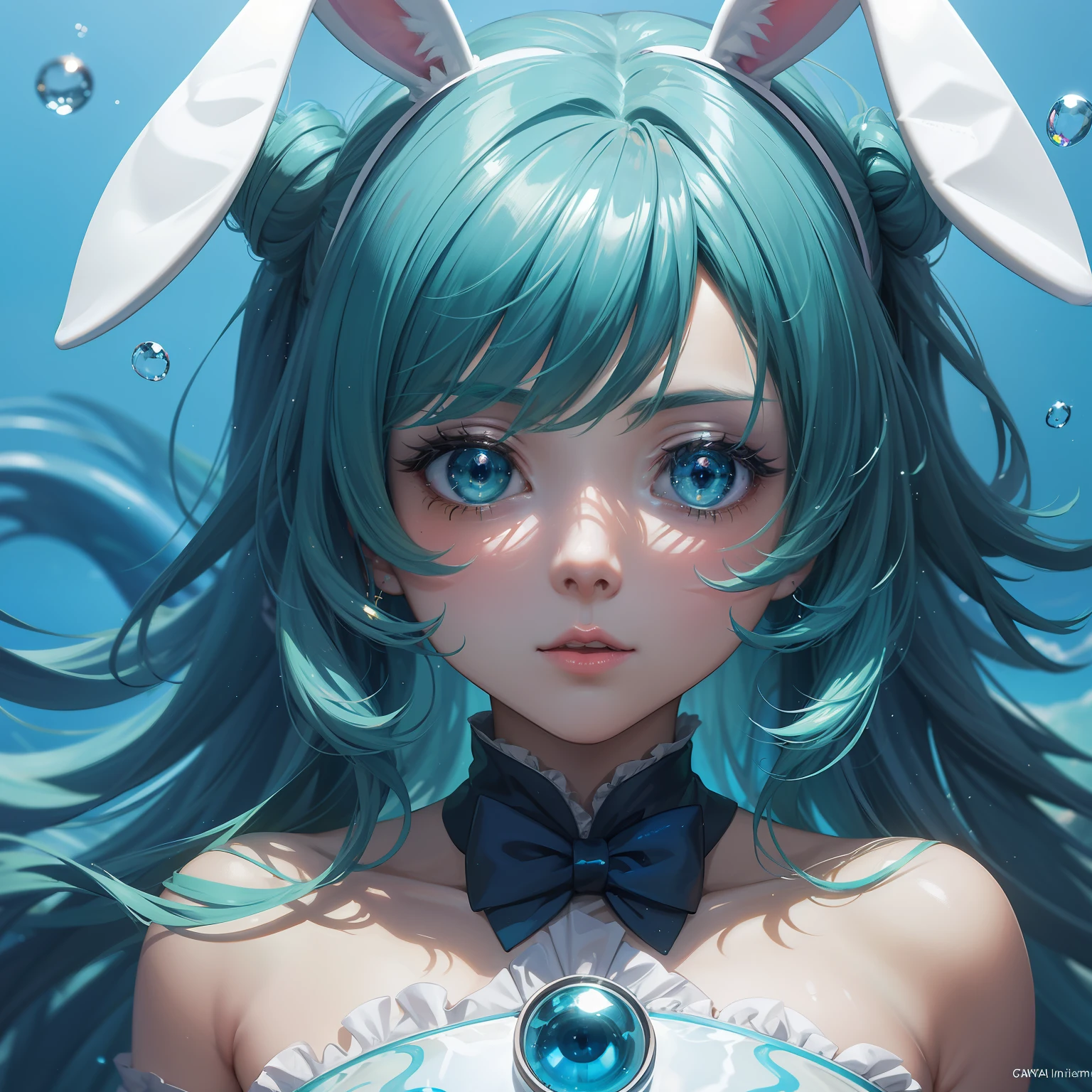 an anime girl in a bunny rabbit outfit, in the style of fluid expressionism, Light cyan and green, photorealistic eye, sparkling water reflections, wavy resin sheets, digital art techniques, Close-up --AR 3:4 --niji 5 -