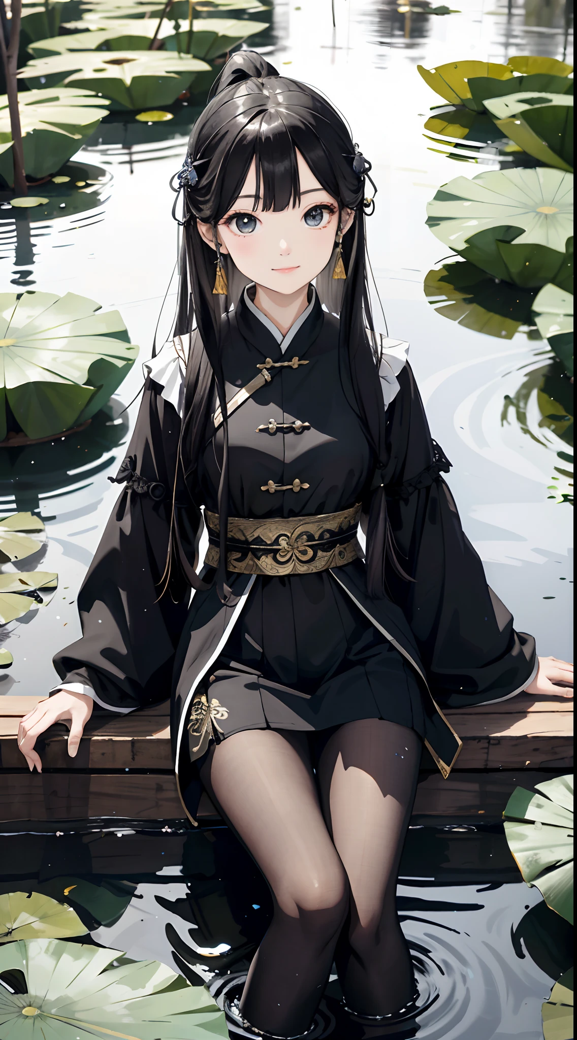 hoang lap，8K high resolution，ultra - detailed，（1girll：1.3），handpainted，Simple lines，16-year-old girl wearing black Chinese clothing，beuaty girl，In the lotus pond，tmasterpiece，Sit on a plank floating in the water，Floating hair，black pantyhoses，black pantyhoses，looking toward the viewer，ssmile