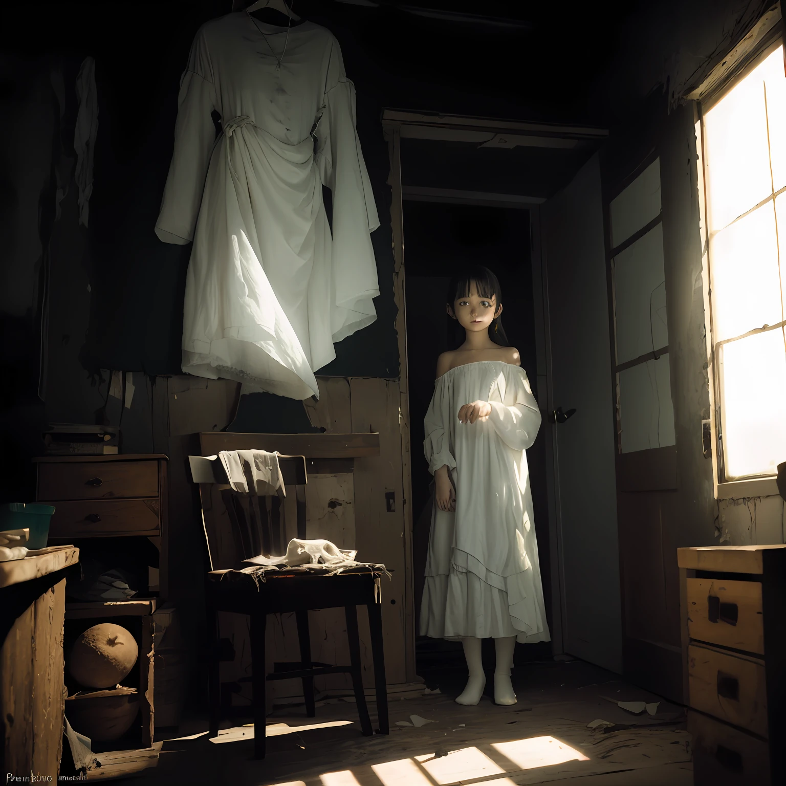 Girl in antique handmade white dress、Standing indoors、Japan girl. In the dim light, The scope of claustrophobia in a small room in Tokyo, A ghostly presence appears, Consumed in the creepy world of horror games. Lurking in a desolate corner, Enveloped in inexplicable darkness, That evil gaze is、Fixed on the player with an anxious and twisted smile、A shiver ran down my spine..... The ghost apparition is covered in tatters, White dress full of filth, Unforgettable relics of the past, And its ethereal shape is wavering, A glimpse of the spectral region beyond. In the stuffy atmosphere of the room, Dilapidated chair, Forgotten relics of another era, Stands as a chilling memory of the room's sinister history. Time once eroded ornate sculptures, Leaving behind whispers and echoes of suffering The rotten shell of the soul. walls, Decorated with faded photos of forgotten faces, It seems to exude a melancholy presence., imitate、Who got caught up in it々As if the essence longs for liberation from their eternal purgatory. A pale blue glow emanates from the ghost's eyes, Emitting an eerie glow that penetrates the air, Corner of the room々Filled with spectral incandescent lamps. Shadows dance under an ethereal glow、Distorted, Twisting into grotesque shapes that mock the sanity of the living. When a ghost silently stretches out a translucent hand, A chilling silence falls. pain々For each very slow movement, Reach out to players., Creeping specter of fate. however、No matter how close you get, The transparent hand of the ghost is、Never break the threshold of the tangible world, Leave a trail of icy fear. It is the embodiment of pain, Forever deny the comfort of human touch. (credibly_absurderes,Huge_filesize:1.37),(masterpiece:1.37),(top-quality:1.37),(realisitic,Photorealsitic:1.2),Ray traching,Realistic lighting,(illuminations,Glow),((film grains:1.37)),(Exquisite details and textures:1.2),(8K分辨率:1.2),(ultra -detail:1.2),(Sharp Focus 1.2),(Raw photography:1.0),(ulzzang -6500-v1.1:1