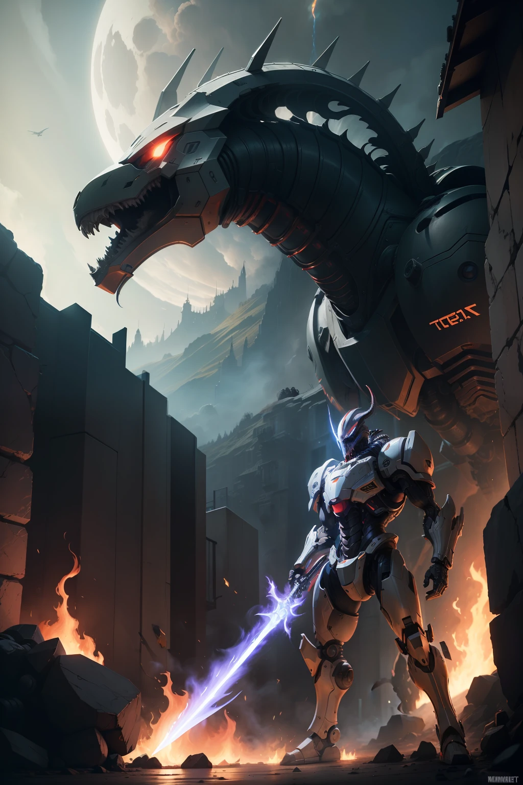 tmasterpiece,A high resolution,GameCG,(Mech modifications),outside,Xenomorph,((Flame Sword)),Epic scenes,scrimmage
