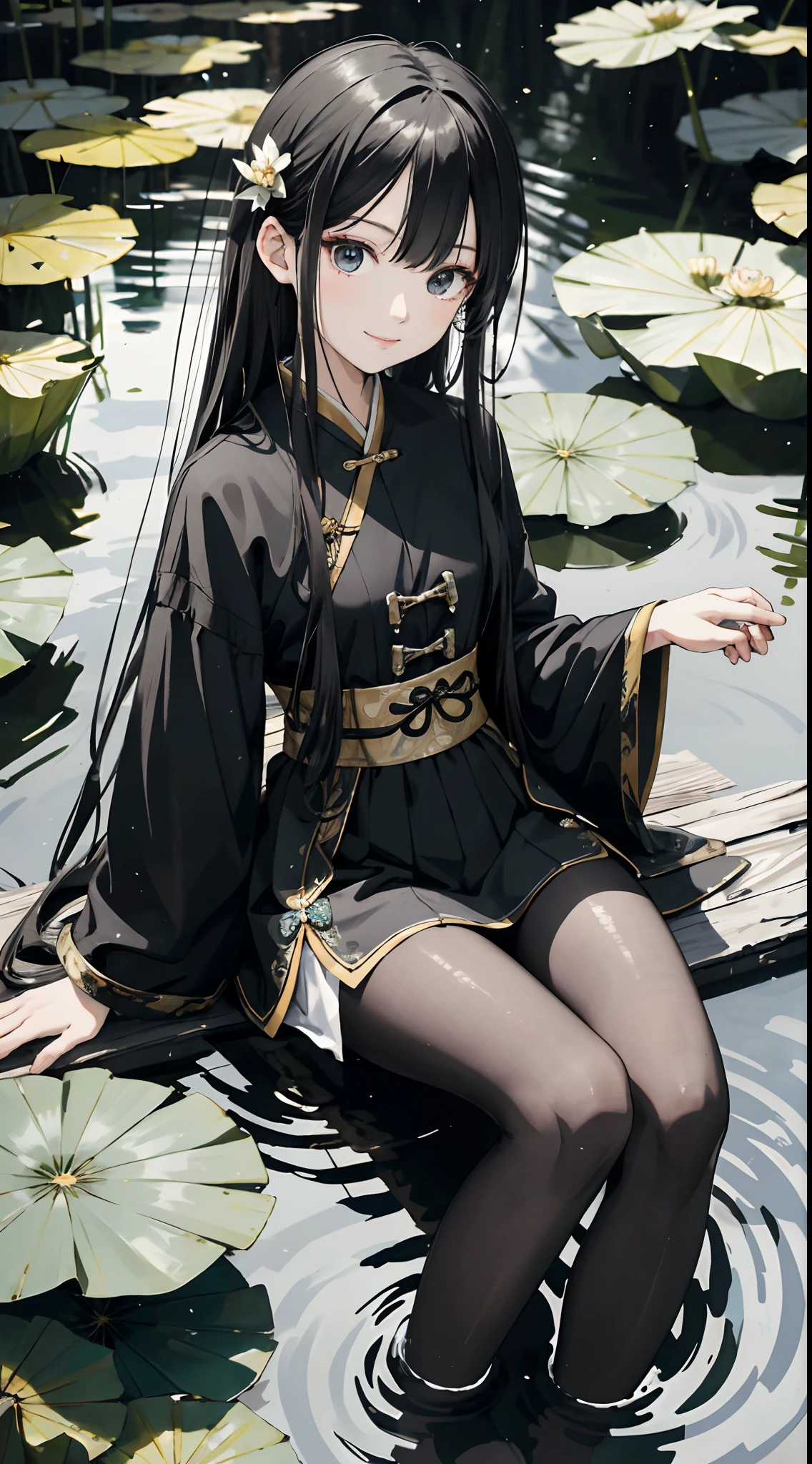 hoang lap,8K high resolution,ultra - detailed,(1girll:1.3),handpainted,Simple lines,16-year-old girl wearing black Chinese clothing,beuaty girl,In the lotus pond,tmasterpiece,Sit on a plank floating in the water,Floating hair,black pantyhoses,black pantyhoses,looking toward the viewer,ssmile,posed for photo