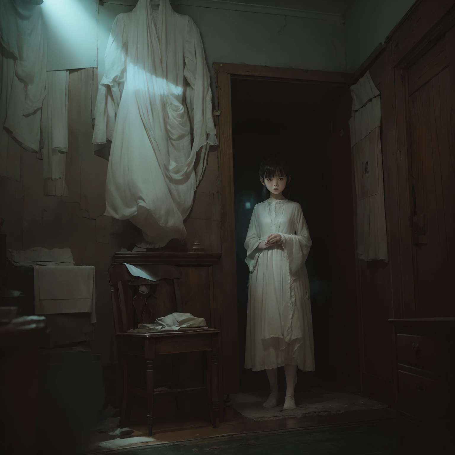 Girl in antique handmade white dress、Standing indoors、Photos of ghosts only Japan girl. In the dim light, The scope of claustrophobia in a small room in Tokyo, A ghostly presence appears, Consumed in the creepy world of horror games. Lurking in a desolate corner, Enveloped in inexplicable darkness, That evil gaze is、Fixed on the player with an anxious and twisted smile、A shiver ran down my spine... The ghost apparition is covered in tatters, White dress full of filth, Unforgettable relics of the past, And its ethereal shape is wavering, A glimpse of the spectral region beyond. In the stuffy atmosphere of the room, Dilapidated chair, Forgotten relics of another era, Stands as a chilling memory of the room's sinister history. Time once eroded ornate sculptures, Leaving behind whispers and echoes of suffering The rotten shell of the soul. walls, Decorated with faded photos of forgotten faces, It seems to exude a melancholy presence., imitate、Who got caught up in it々As if the essence longs for liberation from their eternal purgatory. A pale blue glow emanates from the ghost's eyes, Emitting an eerie glow that penetrates the air, Corner of the room々Filled with spectral incandescent lamps. Shadows dance under an ethereal glow、Distorted, Twisting into grotesque shapes that mock the sanity of the living. When a ghost silently stretches out a translucent hand, A chilling silence falls. pain々For each very slow movement, Reach out to players., Creeping specter of fate. however、No matter how close you get, The transparent hand of the ghost is、Never break the threshold of the tangible world, Leave a trail of icy fear. It is the embodiment of pain, Forever deny the comfort of human touch. (credibly_absurderes,Huge_filesize:1.37),(masterpiece:1.37),(top-quality:1.37),(realisitic,Photorealsitic:1.2),Ray traching,Realistic lighting,(illuminations,Glow),((film grains:1.37)),(Exquisite details and textures:1.2),(8K分辨率:1.2),(ultra -detail:1.2),(Sharp Focus 1.2),(Raw photography:1.0),(