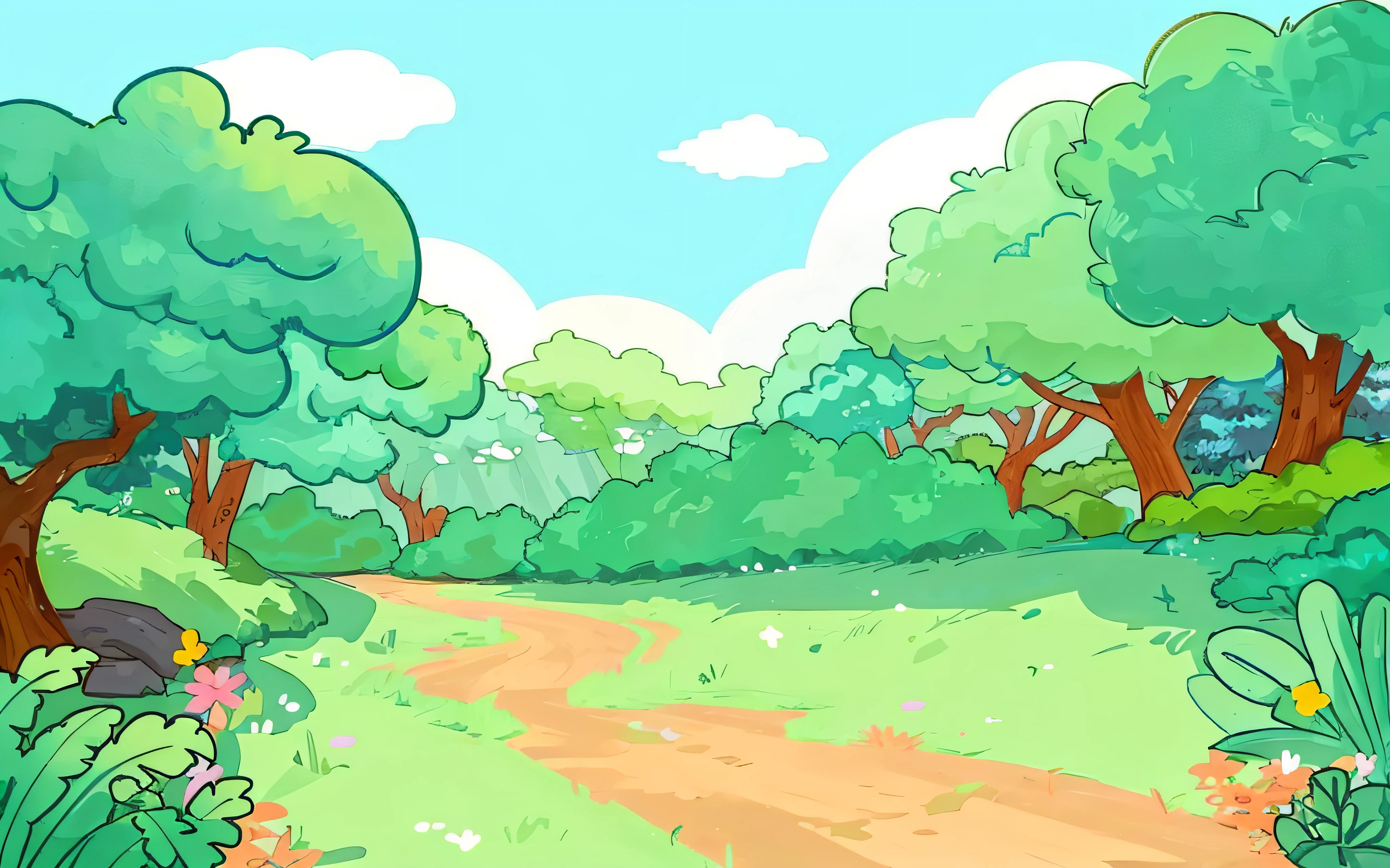 Cartoon illustration of a path with flowers and trees in the woods, arte de fundo, 2 D game art background, Park background, 2d game background, Forest background, forest backgrou, Anime background art, elf forest background, Mobile game background, background artwork, sunny park background, forrest background, soft forest background, Woodland background, anime backgrounds, background environment. 8 k''