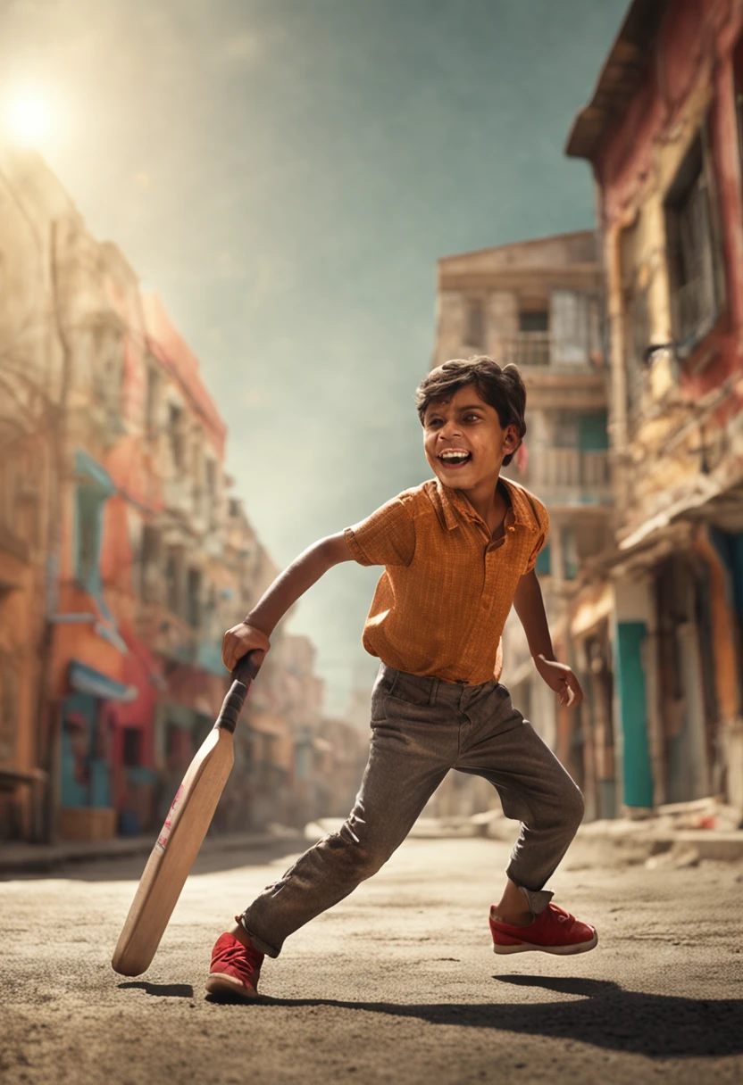 Children playing cricket, In an alley, The children on the side cheered, no contrast, Award-winning photography, Professional color grading, Sharp focus, Ultra-realistic, 8K, Sunny day, The surrounding buildings