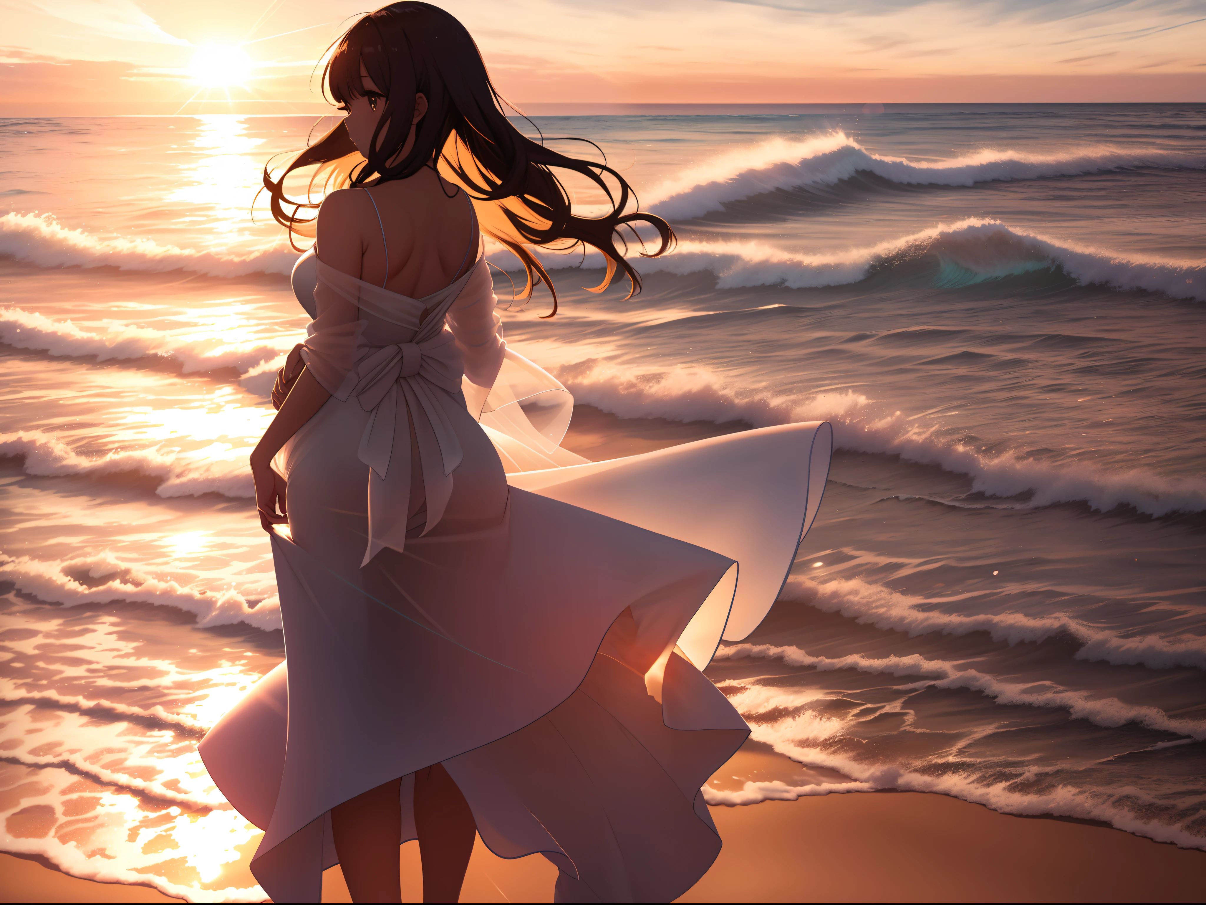 A woman strolling along a sandy beach at twilight, captured in a faraway shot. She is wearing a flowing white gown, with the sun creating a beautiful lens flare. Her hands are elegantly placed behind her back as she walks in parallel to the sea. Her back is towards the camera.