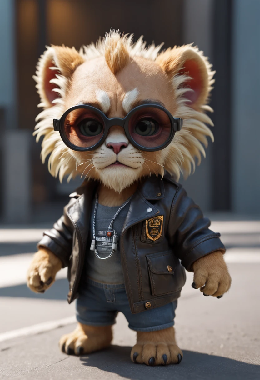 in full growth mini cute cub lion cyberpunk + jacket, nano-sunglasses, nano-devices, cybernetic prosthetic paw, boombox, isometric view, cinematic, hyperrealistic, backlighting, rendered in unreal, 8K