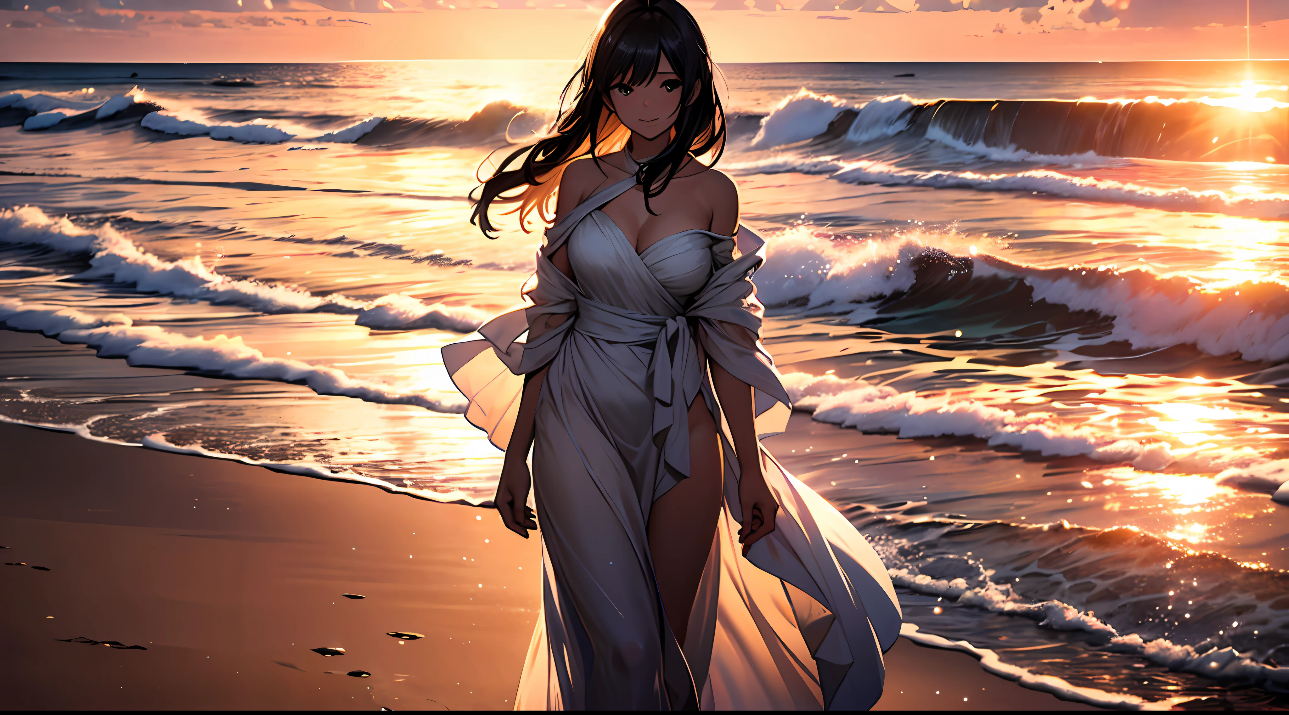 A woman strolling along a sandy beach at twilight, captured in a faraway shot. She is wearing a flowing white gown, with the sun creating a beautiful lens flare. Her hands are elegantly placed behind her back as she walks in parallel to the sea. Her back is towards the camera.