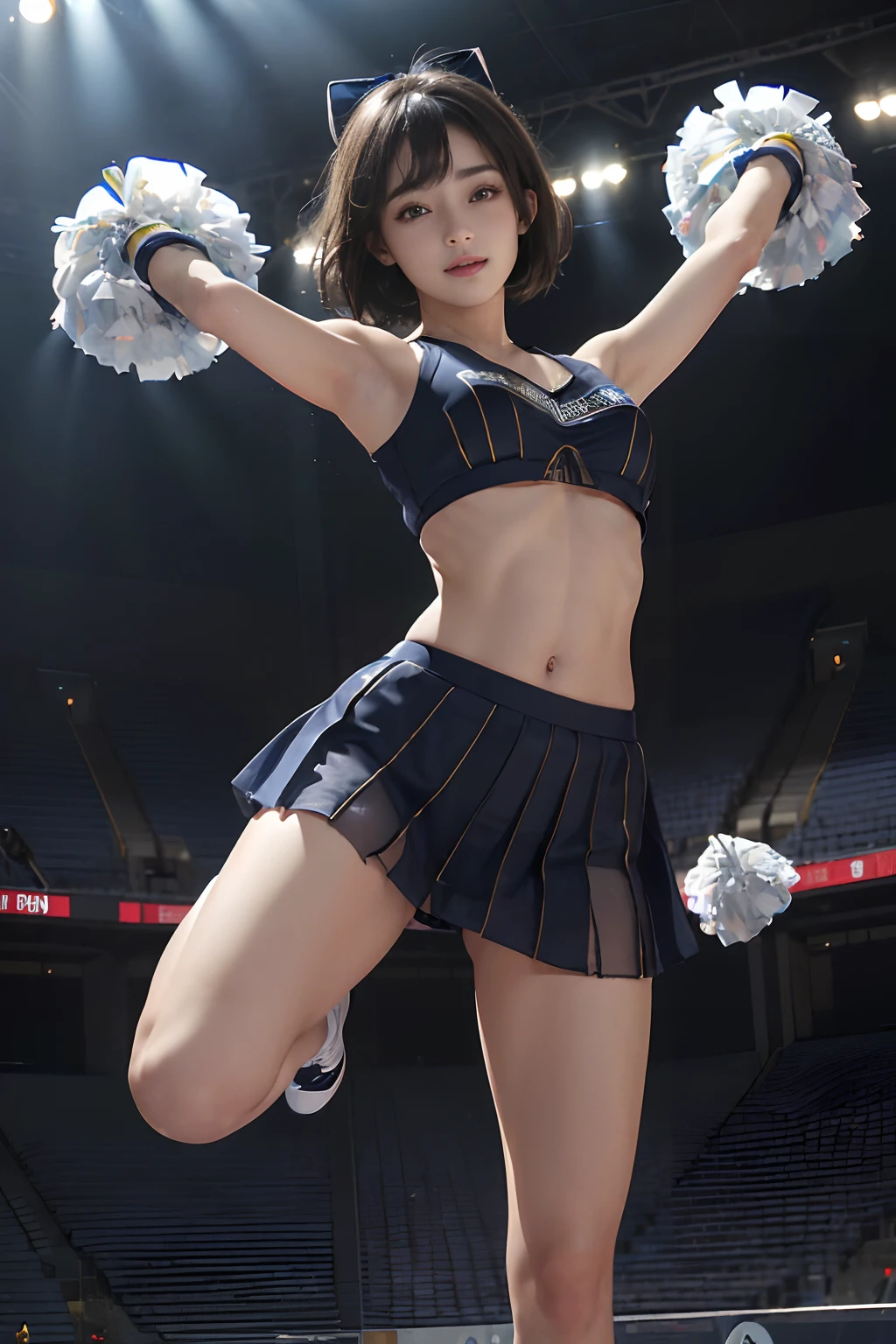 (masuter piece:1.3)、(8K、Photorealsitic、Raw photography、top-quality: 1.4)、(1girl in)、beautiful countenance、(Lifelike face)、(A dark-haired、short-hair:1.3)、Beautiful hairstyle、realisticeyes、Beautiful details、(real looking skin)、Beautiful skins、(((Sheer fabric cheerleading wear)))、absurderes、enticing、超A high resolution、A hyper-realistic、high-detail、the golden ratio、(Beautiful woman with accentuated slim abs:1.3)、(Casual Hairstyles、Colossal tits)、interiors、Soft breasts、((Meek smile))、Exposed cleavage、(standing in a stadium)、(Watch us in dynamic poses:1.5)、(Looking at the camera)