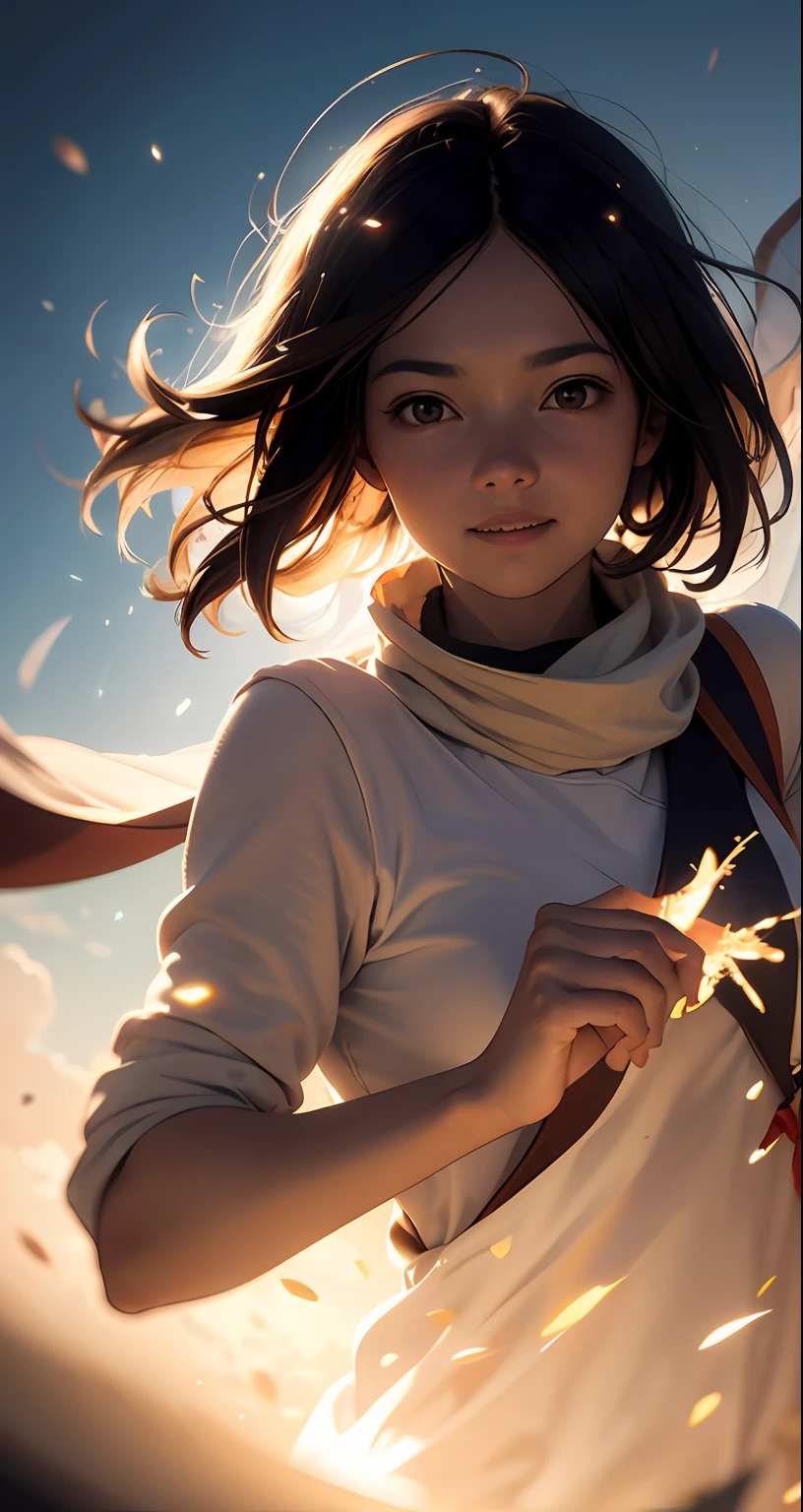 Obra maestra, La mejor calidad, Movie Still, 1girl, Chica de las nubes, Flotando en el cielo, primer plano, brillante, feliz, warm and soft lighting, puesta del sol, (Chispas:0.7), light particles, volumetric illumination
