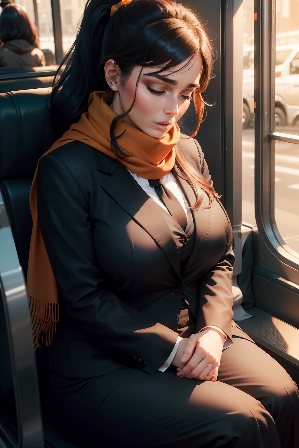 1 beautiful woman, adult, large body, ponytail, outlined eyelids, made-up eyelids, made-up face, black blazer, neckline, orange scarf, black dress pants, brown bag, sleeping sitting on the bus, mouth open, arms crossed, eyes closed.