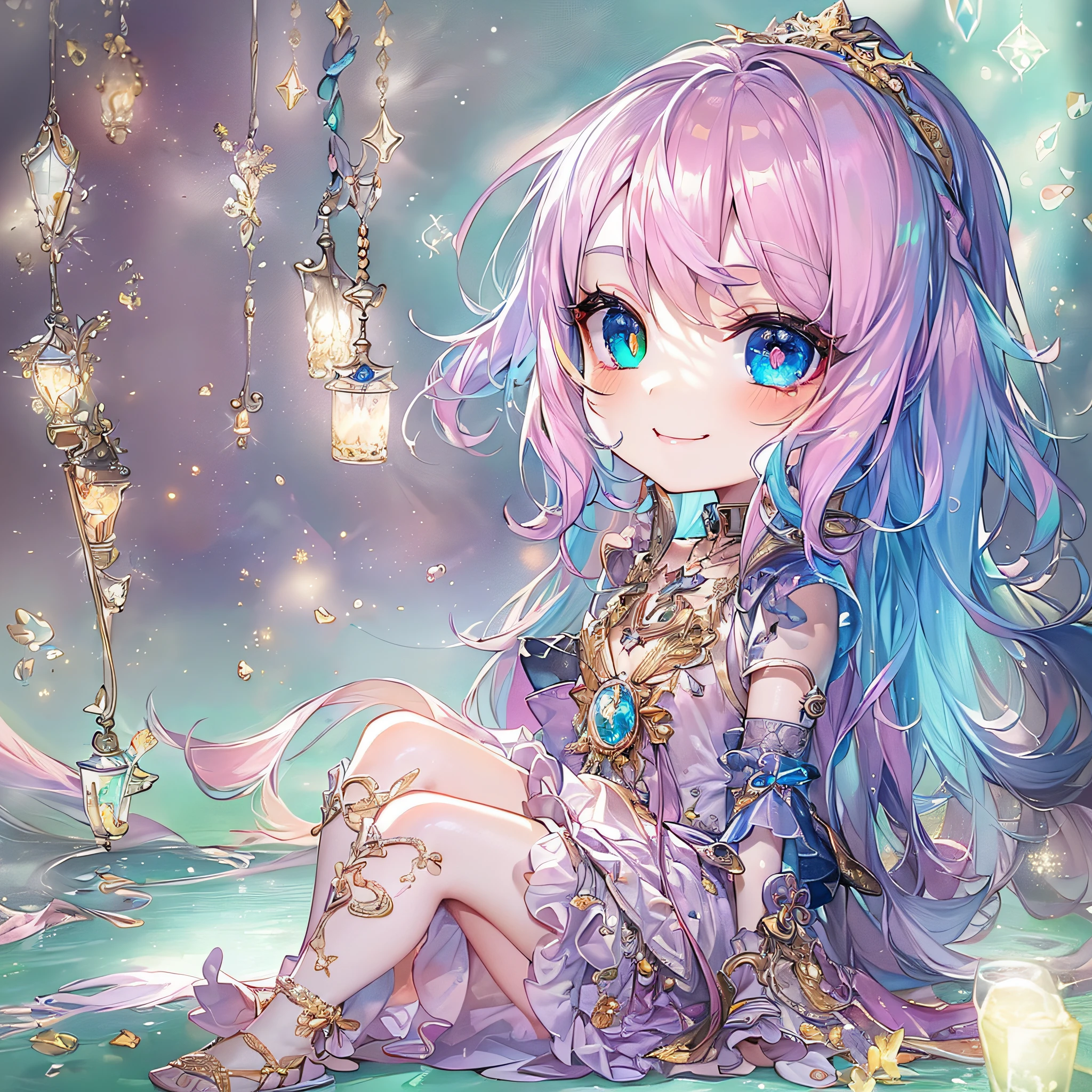 (Chibi:1.5)((masutepiece, of the highest quality, Watercolor art (Pendants), Beautiful and aesthetic: 1.2)), (Golden ratio: 1.2), (Full body: 1.2), (Super Detail: 1.3), (1 girl in: 1.3), (Fractal Art: 1.3), (Glitter Pupil)),(eye glass:1.5) ,(Iridescent hair, Colorful hair, Half light blue and half pink hair: 1.2)), (Heterochromia), (Colorful: 1.5), (((Shy face)), (full body Esbian), (Hyper-detailing), ((delicate detail)), (intricate-detail), ((Cinematic Light, Highest quality backlight)), High contrast, ((The best lighting, Very delicate and beautiful)), (( Cinematic Light)), (ray trace reflection, Glow), (((glowing aura)), ((Glowing hair)), ((Super Detail)), (8K)), ((a closeup)), ((Seductive smile)) ,((FULL BODYSHOT))、(Chibi:1.5)