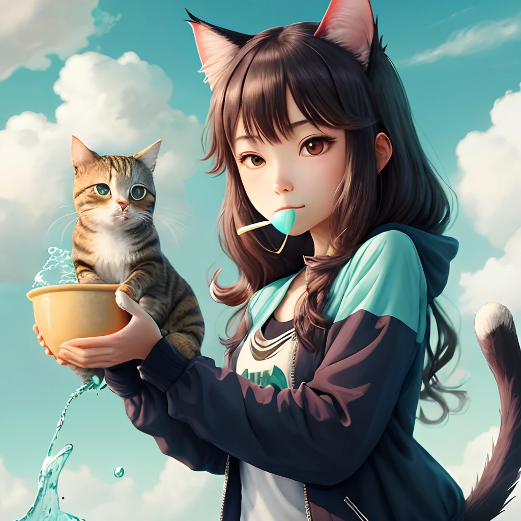 The fusion of loli and the cat was flushed, and cloudy liquid flowed from the corners of her mouth