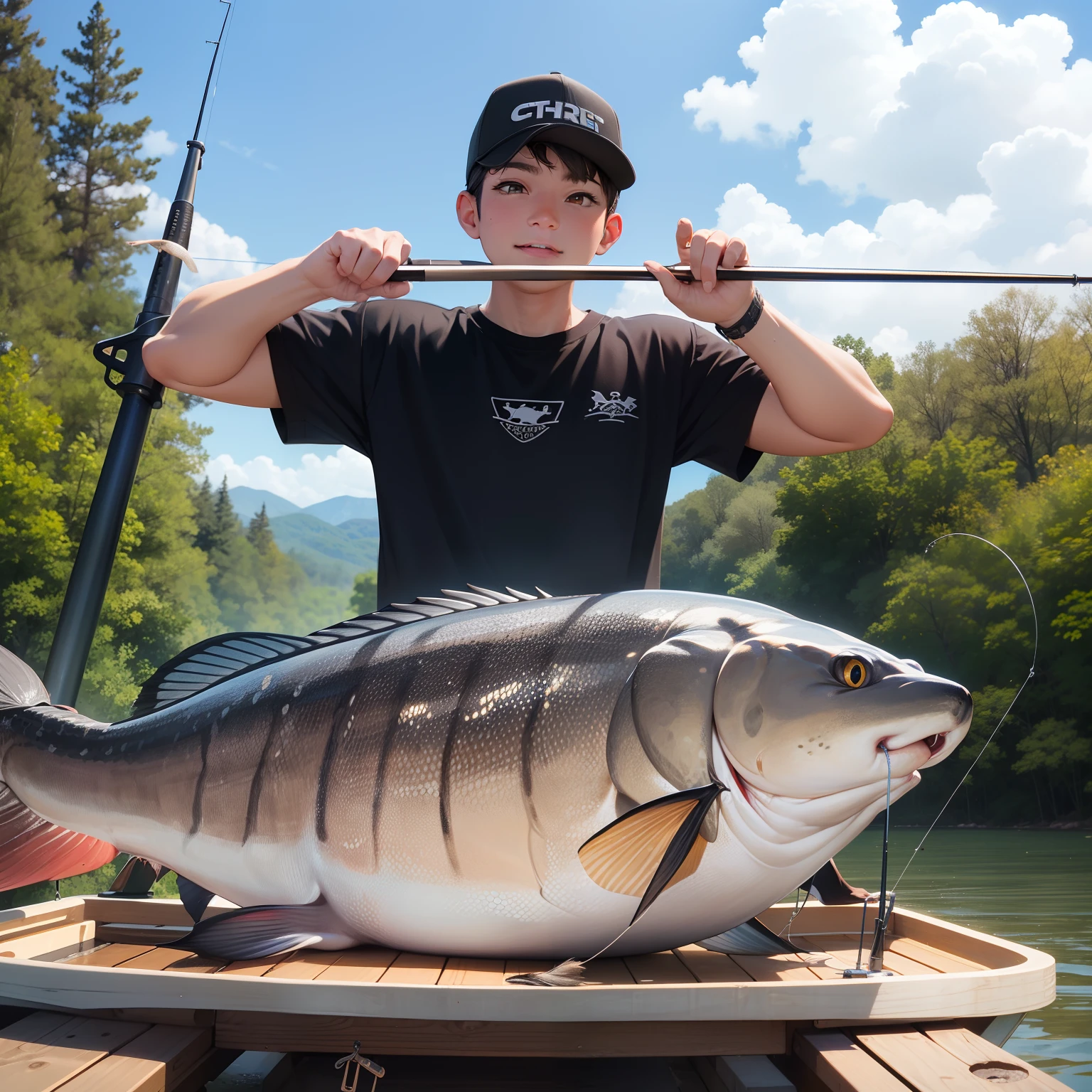 Big catfish captured by fishing rod