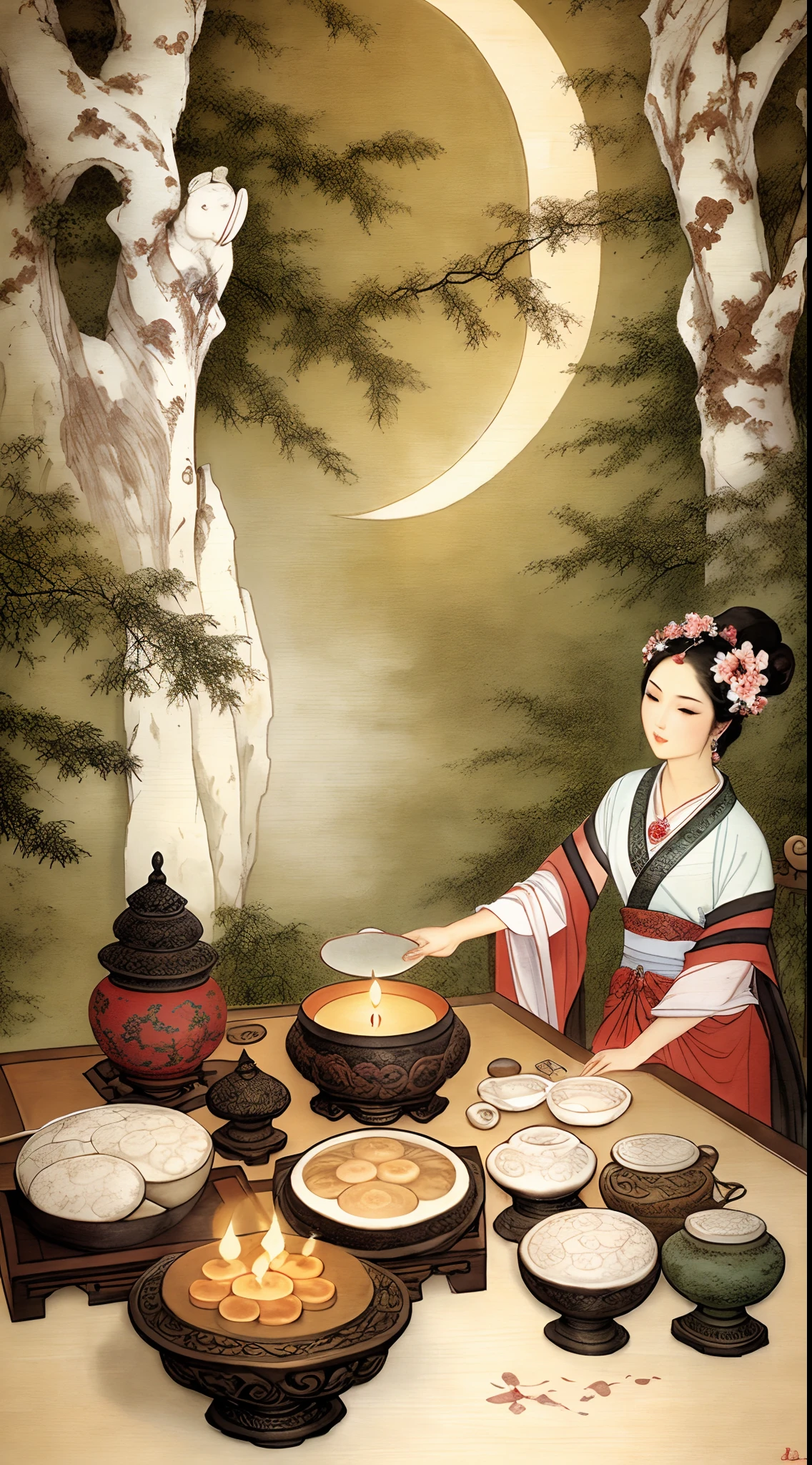 Masterpiece, Best quality,(full bodyesbian:1.3), Solo,chinese paintings,Beautiful face and eyes details of a Chinese girl,
Perfect skin,make happy expressions,Gorgeous,Pure,light make-up,Jade jewelry,hair adornments,Hair Band,moon full,incense burner table,Moon cake,censer,Rabbit in the moon,Green smoke,view the viewer,
Colorful,sharp and clear focus,instagram most viewed, Concept artist, Depth of field,flower,Bush