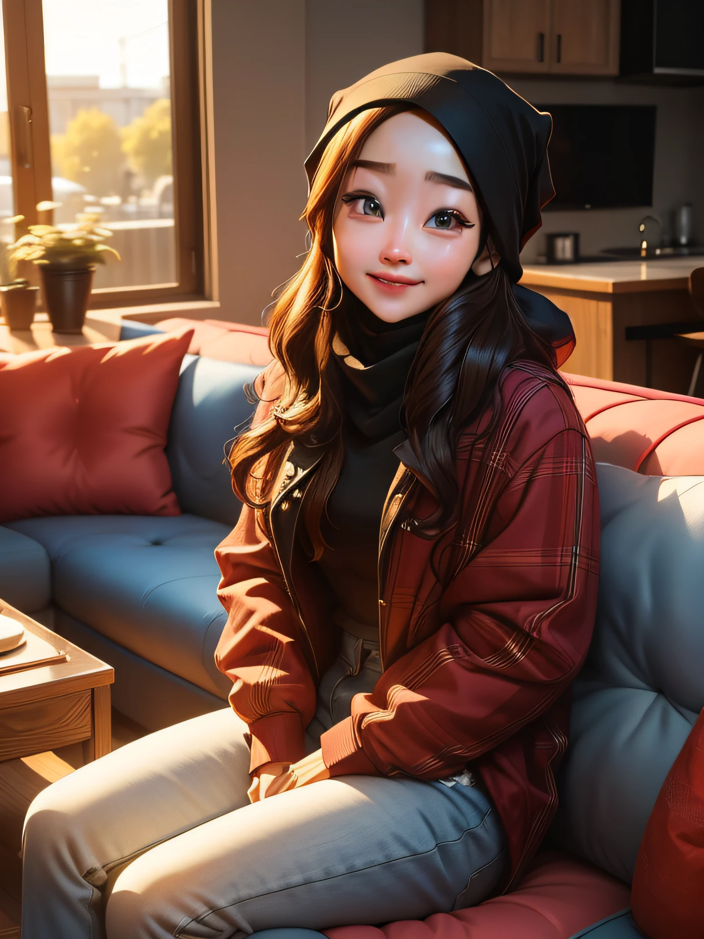 arafed woman sitting on a couch wearing a plaid shirt, ulzzang, hijab, dilraba dilmurat, lalisa manobal, tzuyu from twice, beautiful image, cute beautiful, cai xukun, korean girl, lovely smile, slight cute smile, beautiful cute, cute girl, inspired by Ma Yuanyu, charming smile
