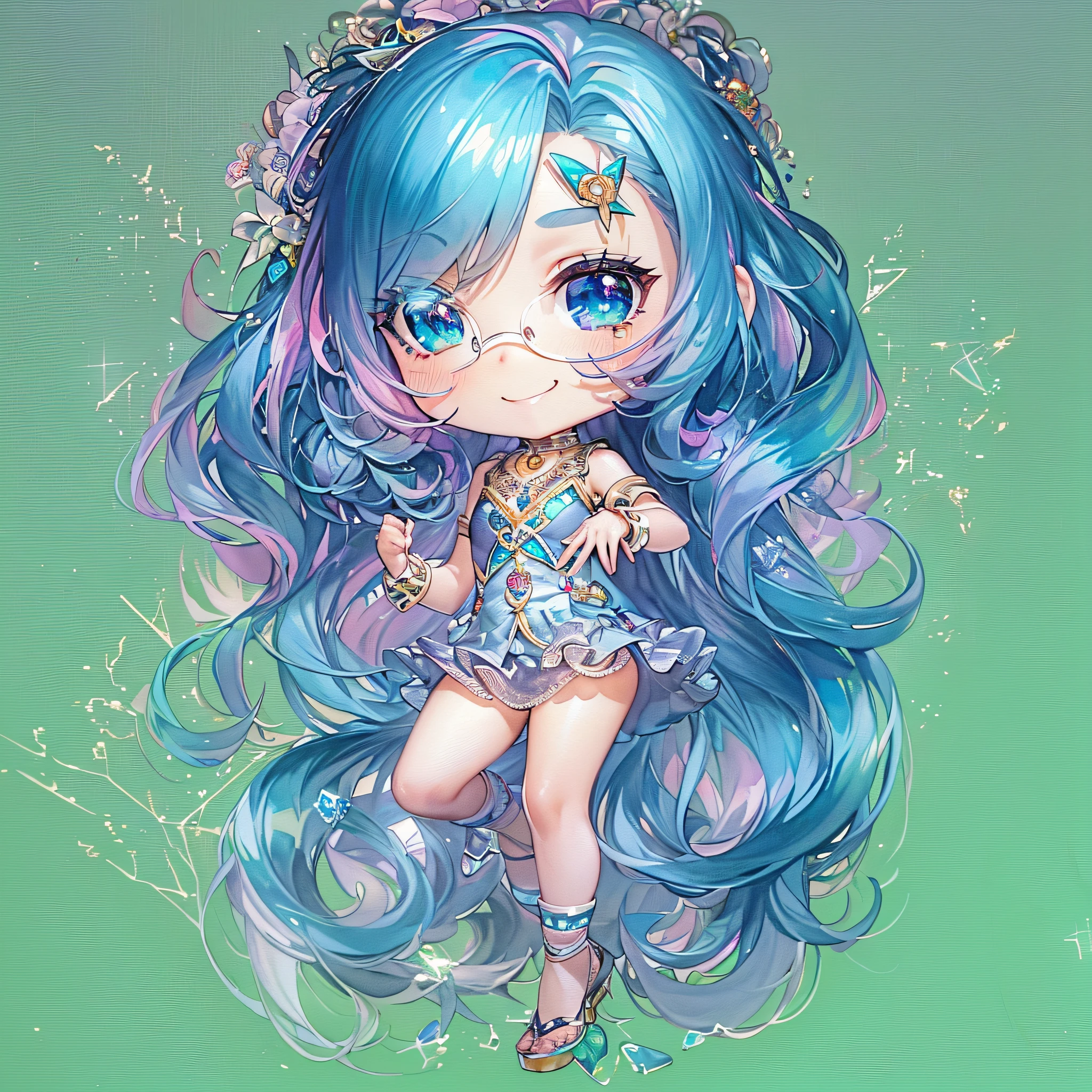(Chibi:1.5)((masutepiece, of the highest quality, Watercolor art (Pendants), Beautiful and aesthetic: 1.2)), (Golden ratio: 1.2), (Full body: 1.2), (Super Detail: 1.3), (1 girl in: 1.3), (Fractal Art: 1.3), (Glitter Pupil)),(eye glass:1.5) ,(Iridescent hair, Colorful hair, Half light blue and half pink hair: 1.2)), (Heterochromia), (Colorful: 1.5), (((Shy face)), (full body Esbian), (Hyper-detailing), ((delicate detail)), (intricate-detail), ((Cinematic Light, Highest quality backlight)), High contrast, ((The best lighting, Very delicate and beautiful)), (( Cinematic Light)), (ray trace reflection, Glow), (((glowing aura)), ((Glowing hair)), ((Super Detail)), (8K)), ((a closeup)), ((Seductive smile)) ,((FULL BODYSHOT))、(Chibi:1.5)