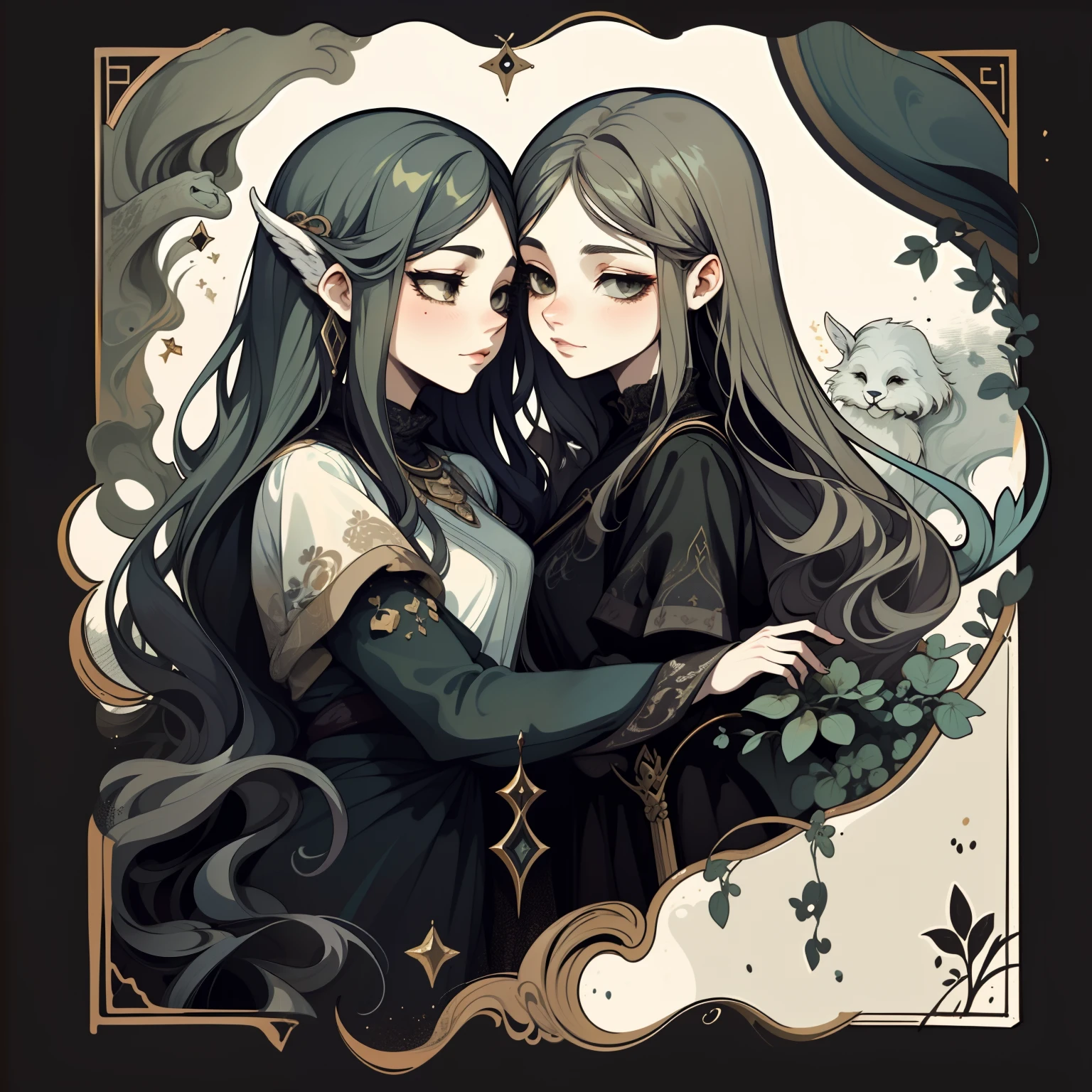 adesivo, fundo simples, portrait, 2 girls, couple, girl with long hair, beautiful capricorn girl, capricorn aesthetic, beautiful girl, very beautiful fantasy art, beautiful and elegant female capricorn, beautiful detailed fantasy, brown and grey color palate, grey color-theme