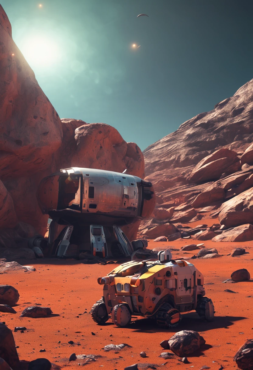 The spacecraft landed on a small hill  (Style digital art), Digital art, epic look at your scene, Photorealism