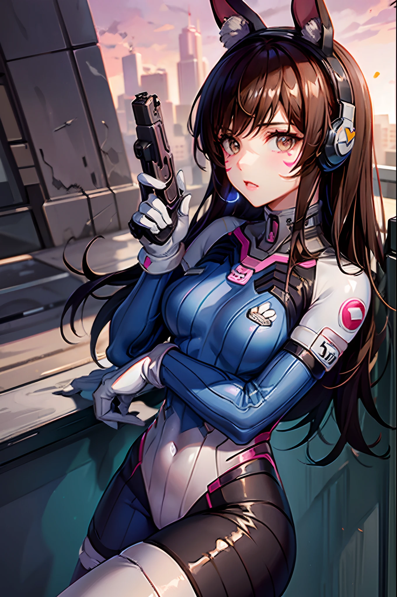 1girll, (D.va (Overwatch):0.8), Solo, Long hair, whisker markings, tightsuit, Brown hair, face markings, mitts, Breasts, Brown eyes, pilotsuit, Cowboy shot, Earphone, White gloves, Medium breasts, sweeping bangs, skin tight, Animal print, bangs, Bunny print, Ribbed one-piece tights, facepaint, Pink lips, leaning back against the wall, holding gun, Serious look, questionable,  caring, investigative, Dark Alley, Night, Night sky, Red light, (Silhouette, hard light:1.2),