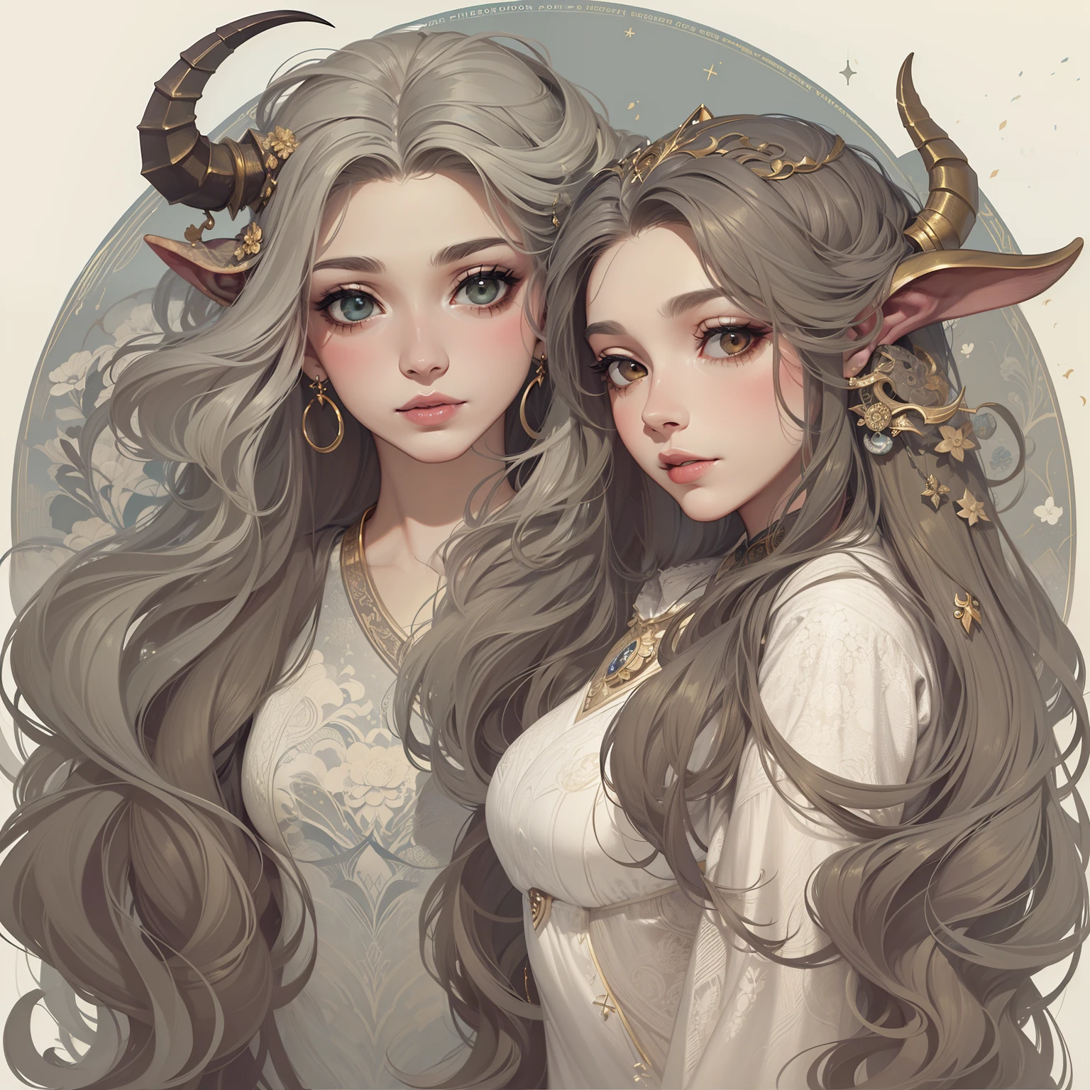 adesivo, fundo simples, portrait, 2 girls, couple, girl with long hair, beautiful capricorn girl, capricorn aesthetic, beautiful girl, very beautiful fantasy art, beautiful and elegant female capricorn, beautiful detailed fantasy, brown and grey color palate, grey color-theme