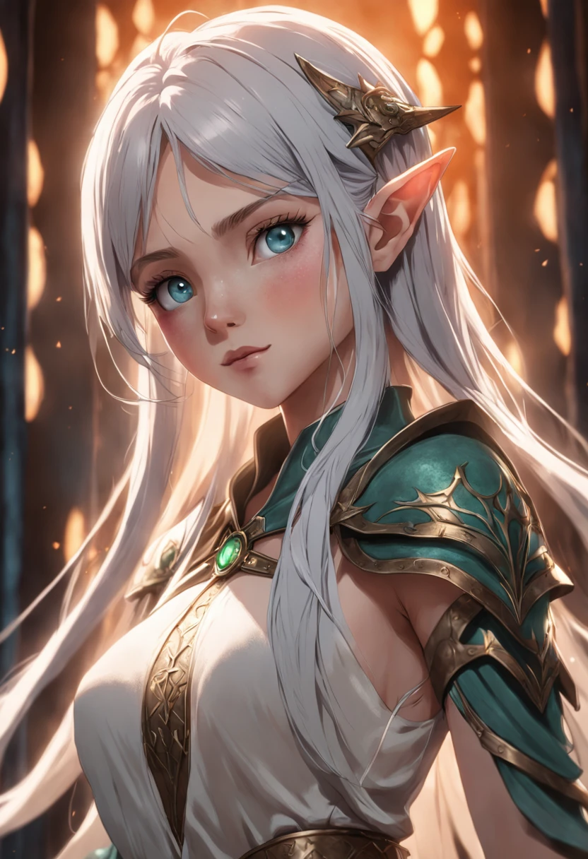 (Original Character、Unity 16K Wallpaper, Masterpiece, Best Quality, Ultra-Detailed, Extremely Detailed CG, Caustics, Cinematic Lighting, Detailed, Beautiful Detailed Eyes, solo), Ultra High Resolution, fine skin, (elf, curby), (strong light)、((brighten the subject)),outdoors,cleavage,bent over、silver hair