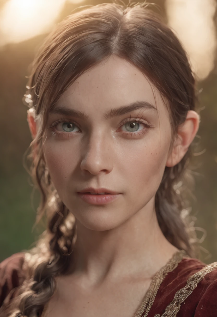 (detailed face, detailed eyes, clear skin, clear eyes), lotr, fantasy, elf, female, full body, looking at viewer, portrait, photography, detailed skin, realistic, photo-realistic, 8k, highly detailed, full length frame, High detail RAW color art, piercing, diffused soft lighting, shallow depth of field, sharp focus, hyperrealism, cinematic lighting