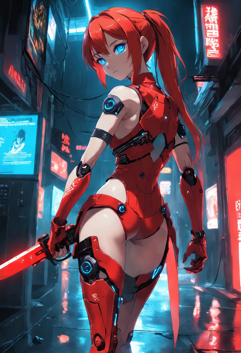 Full-body cybernetic girl with a ponytail. Bright red color to show that she is a cybernetic girl. Roupas como tomb raider, mas com saia. She also has blue eyes. The environment is like a terminator. hair is black. She is illuminated with the bright red color on one side of her face. Conduzido como.  And both hands also have the led light.