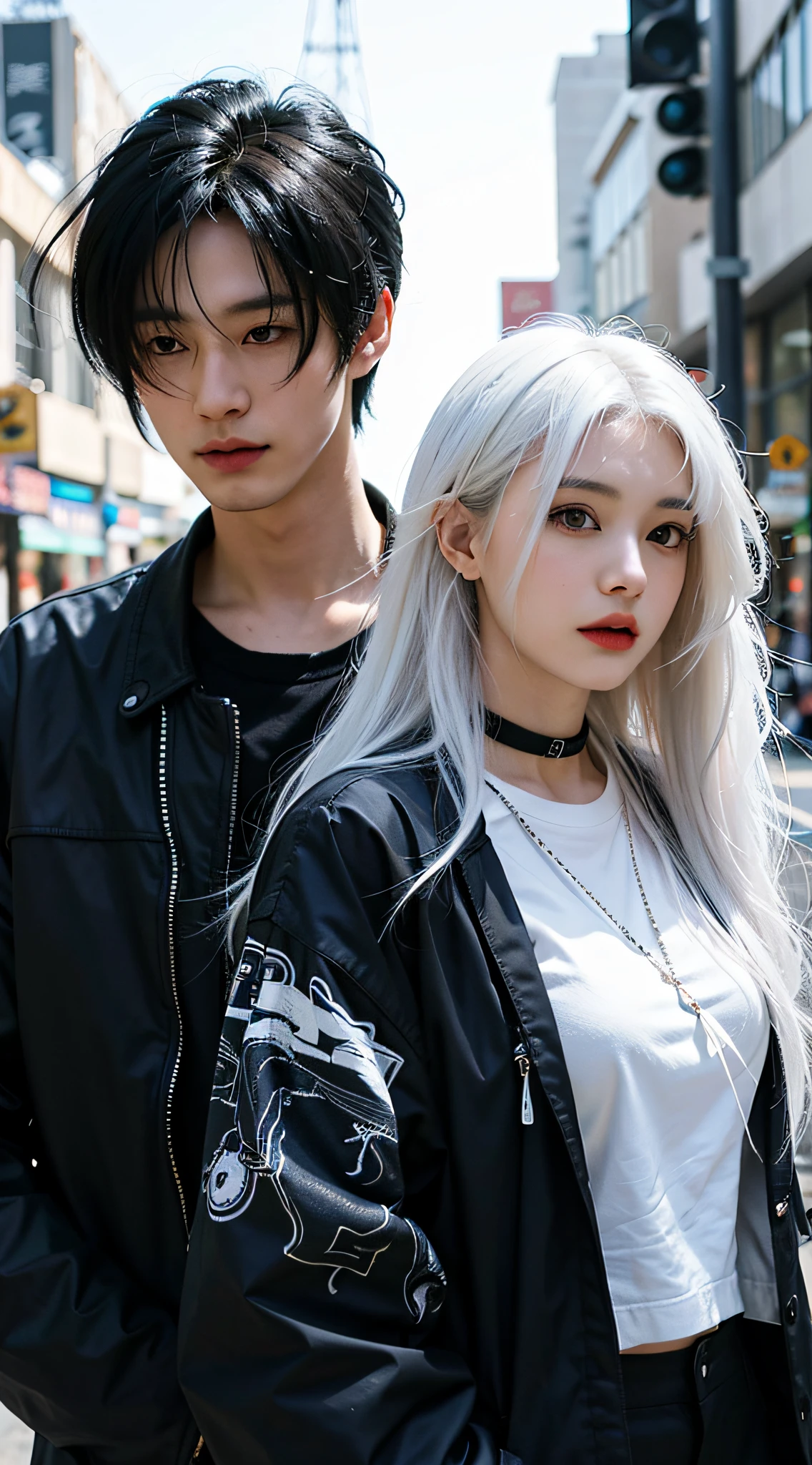 Anime couple walking down the street with white hair and black jacket, Guviz-style artwork, Guviz, long white hair, with long white hair, realistic art style, by Yang J, white and black, Anime style. 8K, realism art style, Realistic anime 3 D style, Style anime, trending on cgstation