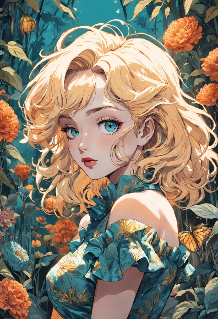 Marylin Monroe, estilo vintage , Hyperdetailed botanical liter, Desenhista de linha, digital illustation, tinta pesada, Maximalist botany, A beautiful and aesthetically pleasing illustrative masterpiece, Post-editing of Topaz AI