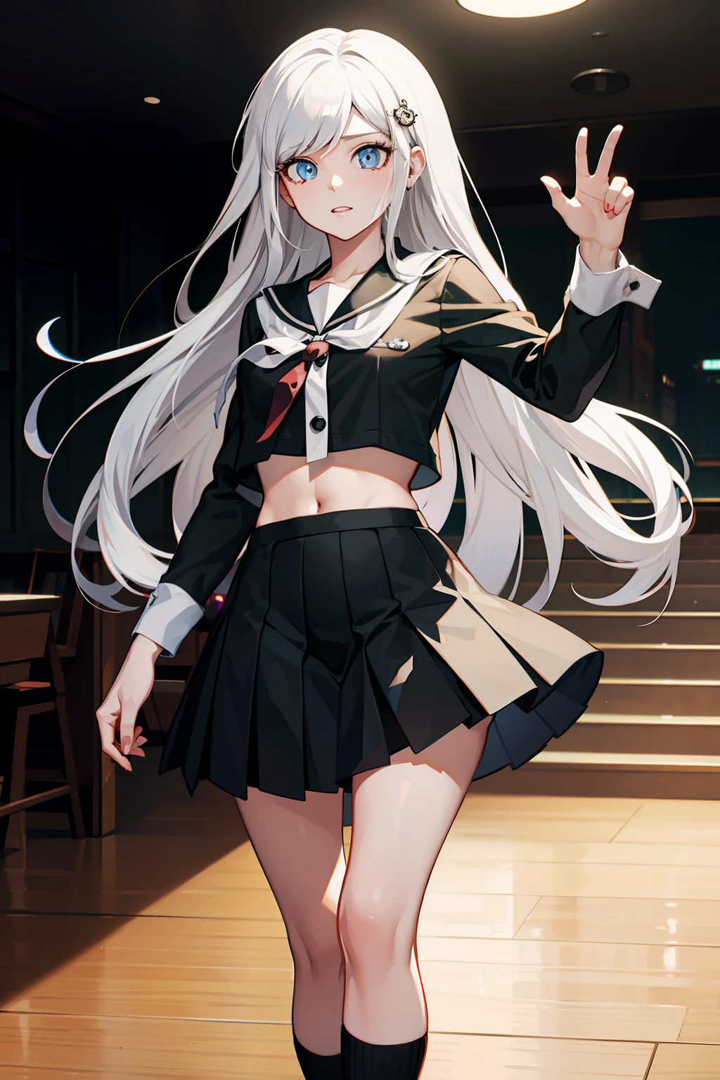 danganronpa，komatsuzaki rui，（Masterpiece）， （the Extremely Detailed CG Unity 8K Wallpapers）， （Extremely refined and beautiful）， （1girll：1.3）， Solo， （Perfect front view：1.3）， （（ultra - detailed））， illustratio， hair between eye， afloat， finely detailled， （The upper part of the body）， （Looking_at_peeping at the viewer：1.2）， （Danganronpa （styled））， （Danganronpa （styled）：4.5），（（Black military uniform））， （（Black shirt））， blue long skirt， （Sailor suit）， （black_upper legs））， （Long black hair：1.5）， （Blue eye：1.2）， （shairband），（hair straight：1.4），（Light smile：1.5），（court room），standing on your feet，（simplebackground：1.4），Standing CG，GameCG，Perfect hands，Humanity，Danganronpa,Beautiful hands,Beautiful eyes,white hair ,full-length picture