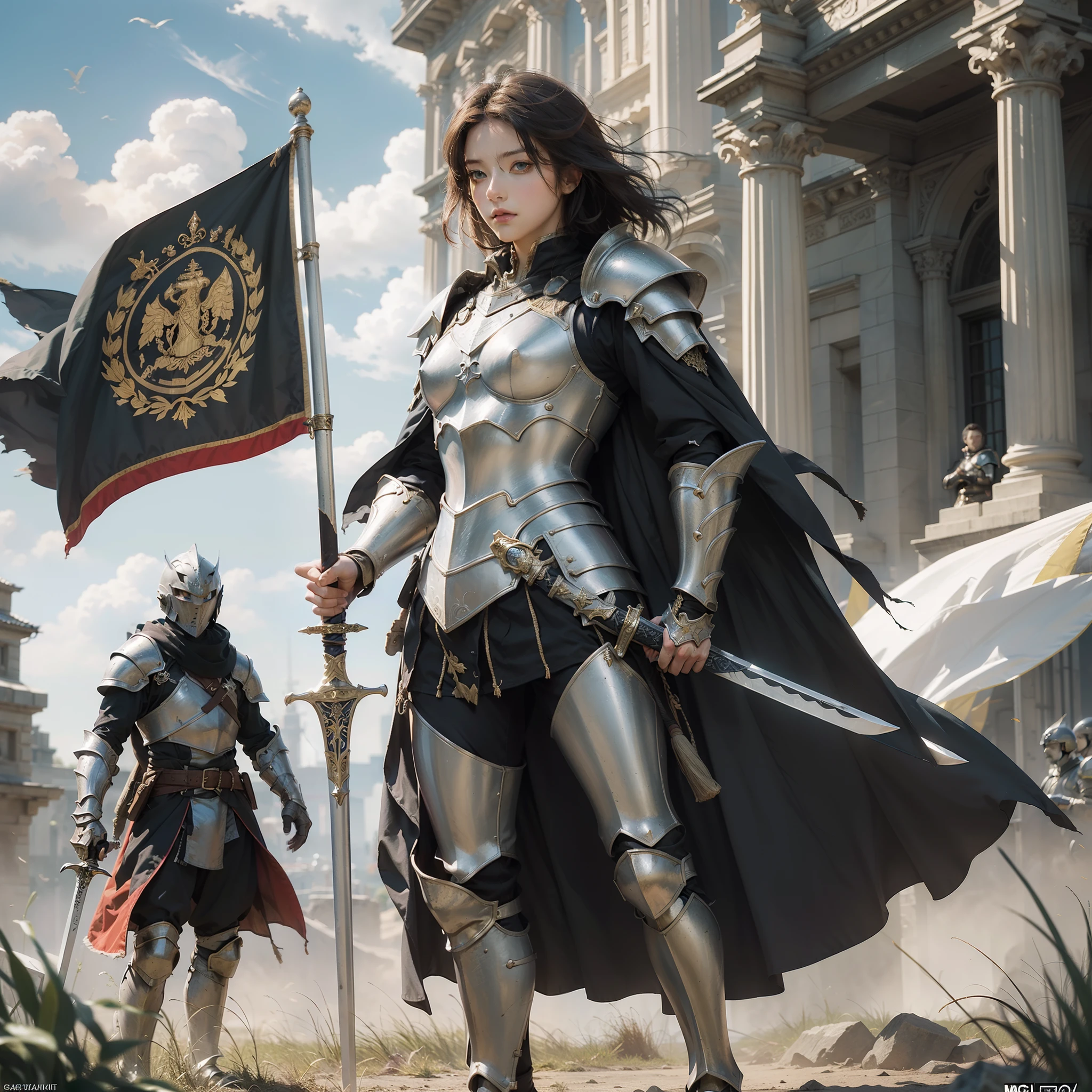 (masterpiece, top quality, best quality, official art, detailed:1.2), queen_meve, standing, outdoors, multiple boys, sky, solo focus, cloud, cape, armor, torn clothes, holding sword, gold armor , flag, knight, full armor, army, 1girl