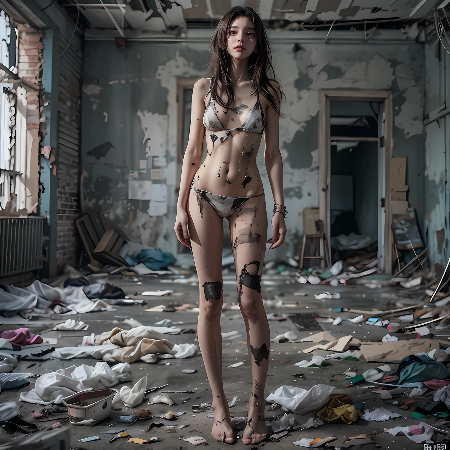 tmasterpiece,abandoned building,Garbage all over the ground,grimy,full-body portraits,Sexy standing pose,Slim legs,very beautiful long slim legs,The barefoot,Naked all over the body,full body exposed,exhibitionists,The body is exposed randomly