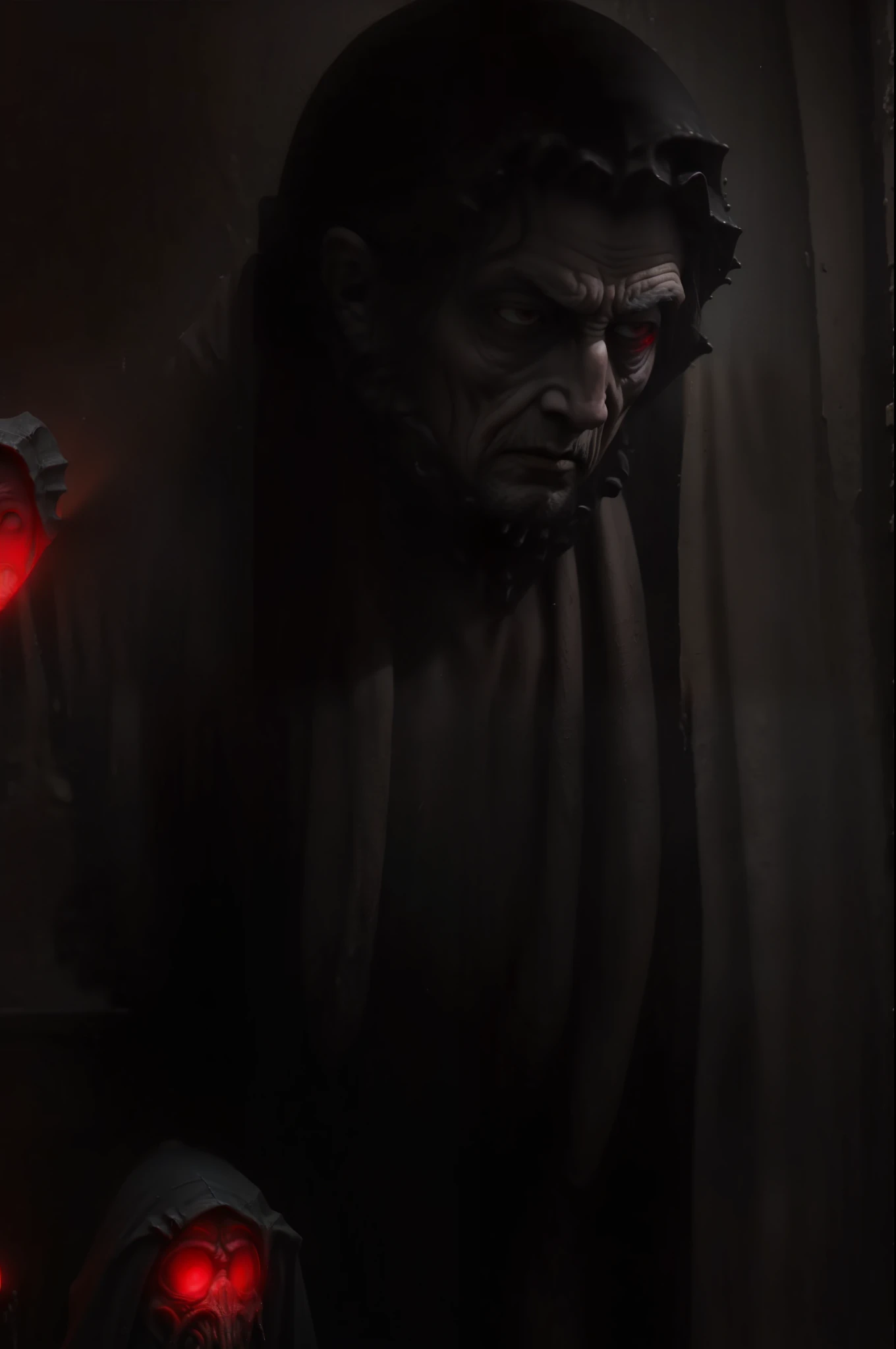 An old ruler of Cthulhu is in a dark, damp and terrifying place, surrounded by a red light,It's like being in hell
