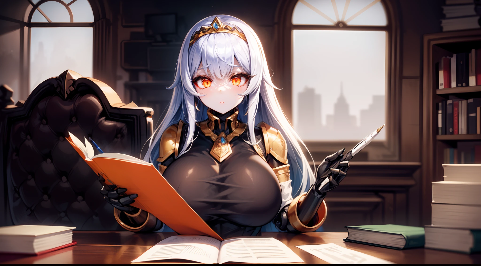 1girl,solo focus, robot girl, humanoid robot,robot joints,orange eyes,long hair, (colored skin),huge breasts,tiara, jewelry, armored dress,gold trim, sleeveles,(indoor),office,sitting,throne,table,pile of paper,document,book, pen in hand,writing, looking down, close-up,upper  body,