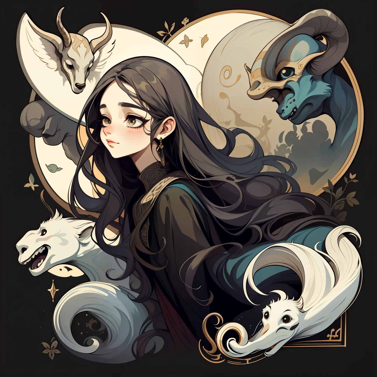 adesivo, fundo simples, portrait, girl with long hair, beautiful capricorn girl, capricorn aesthetic, beautiful girl, very beautiful fantasy art, beautiful and elegant female capricorn, beautiful detailed fantasy, brown and grey color palate, grey color-theme