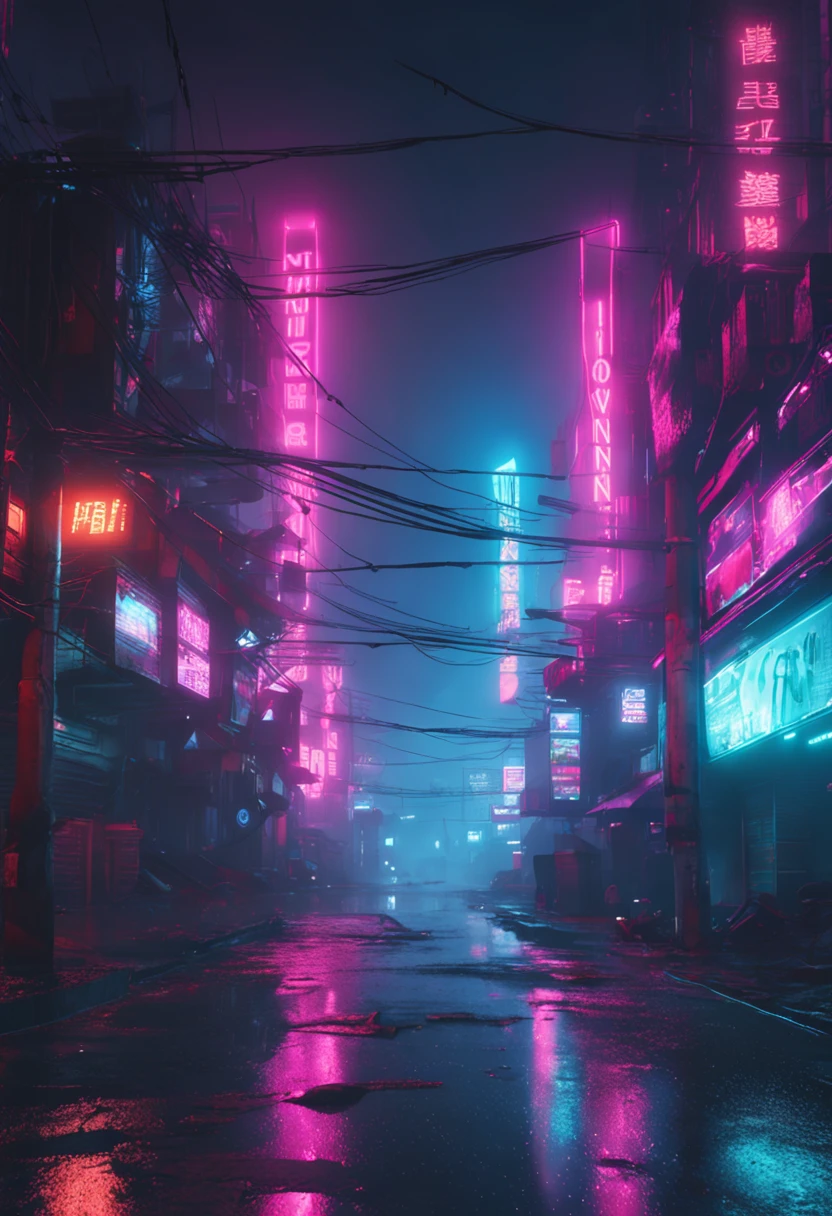 "Neon-lit cyberpunk streets, futuristic cityscape, dystopian artwork in the dark, 4k wallpaper. Rainy and foggy atmosphere, evoking a moody and desolate future."