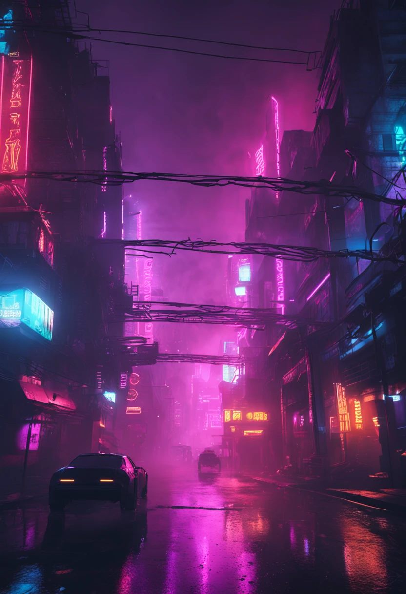 "Neon-lit cyberpunk streets, futuristic cityscape, dystopian artwork in the dark, 4k wallpaper. Rainy and foggy atmosphere, evoking a moody and desolate future."
